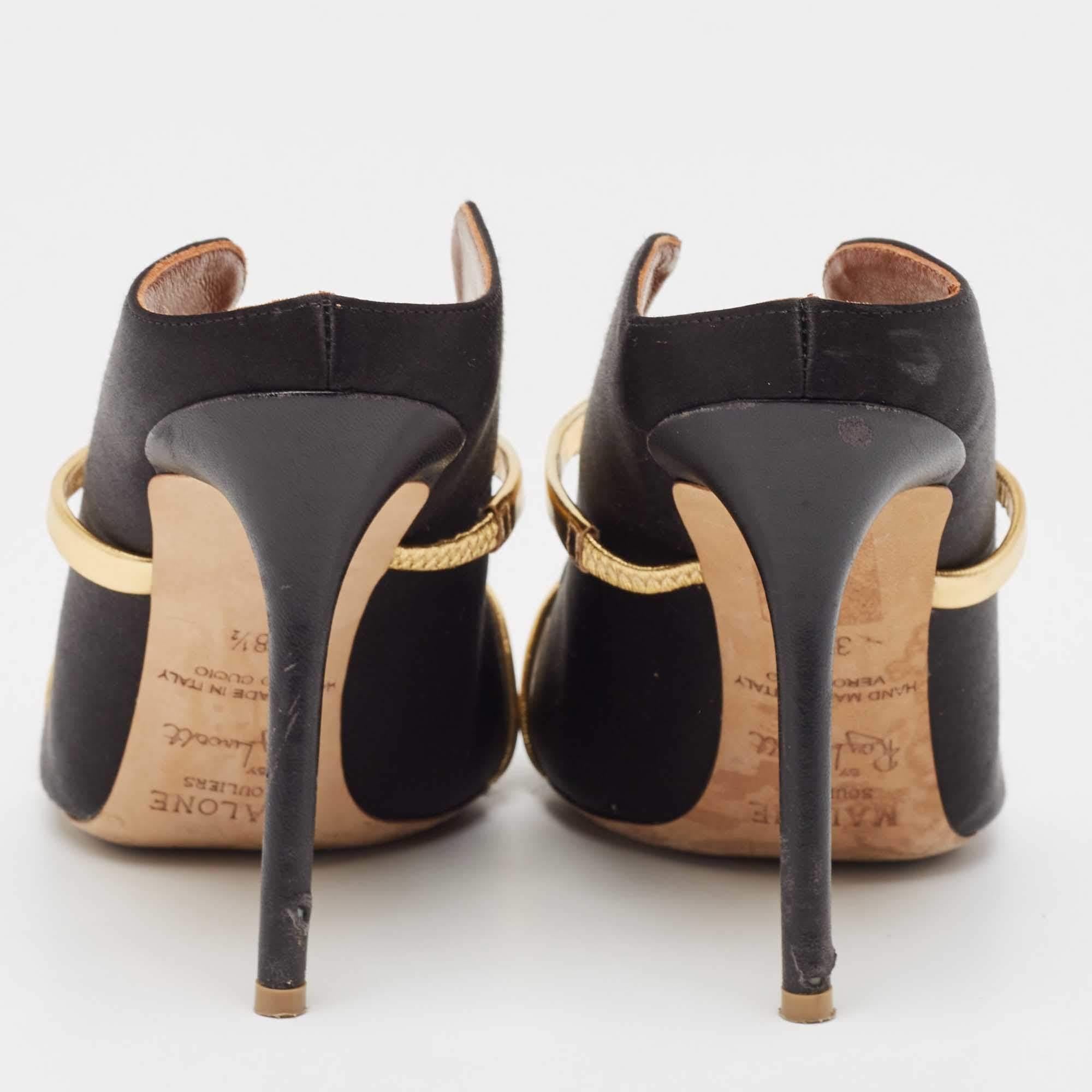 Malone Souliers Black/Gold Satin and Leather Maureen Mules Size 38.5 1
