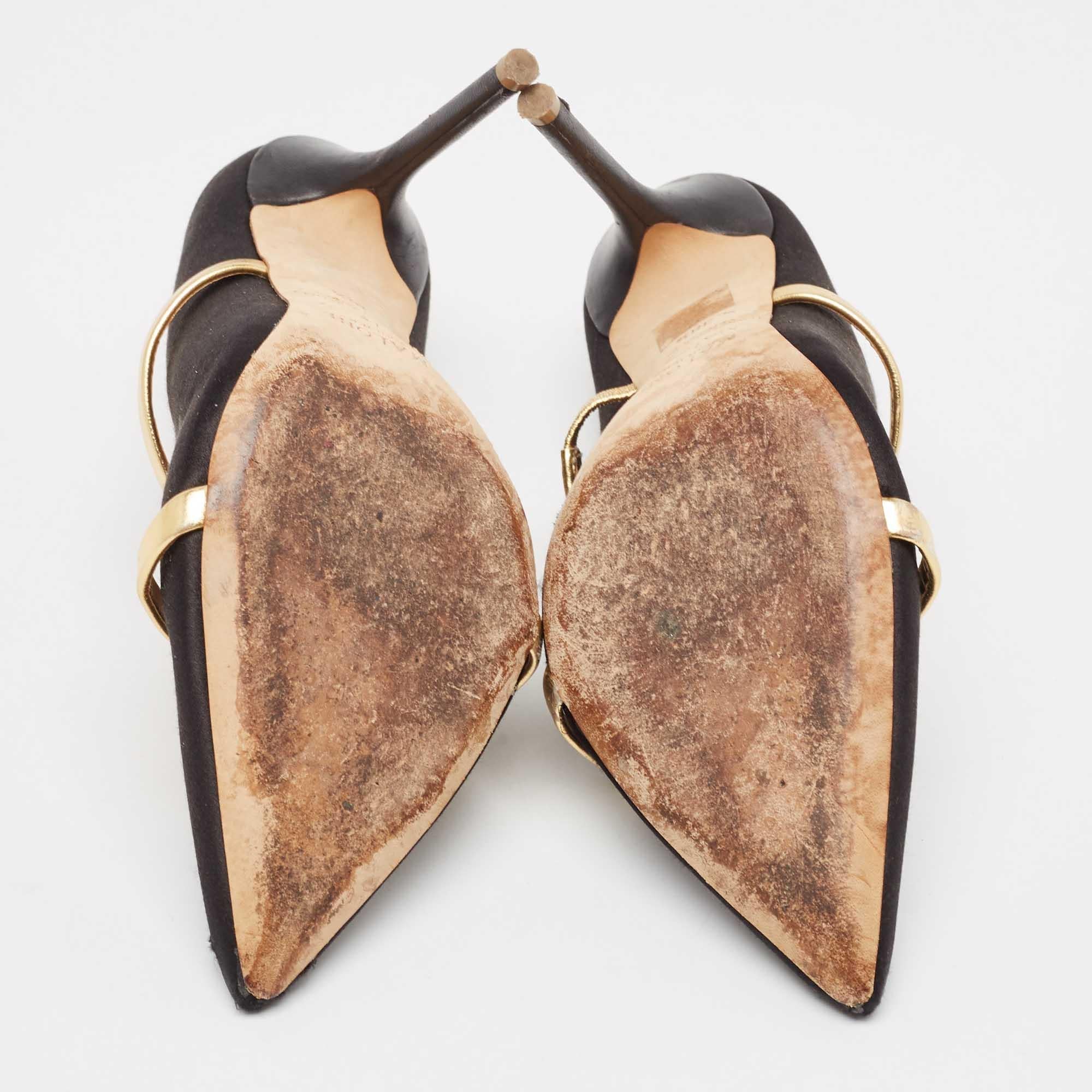 Malone Souliers Black/Gold Satin and Leather Maureen Mules Size 38.5 2