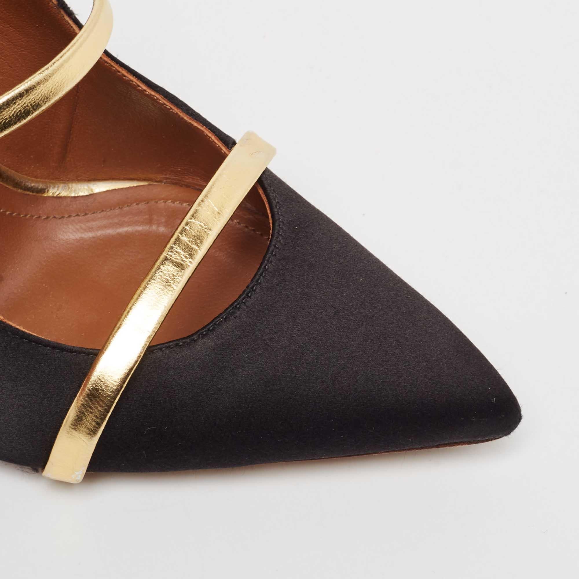 Malone Souliers Black/Gold Satin and Leather Maureen Mules Size 38.5 3