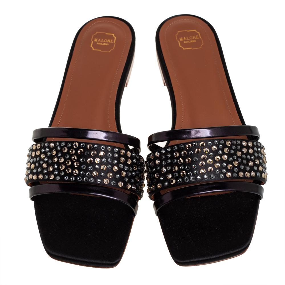 Malone Souliers Black Satin And Leather Crystal Embellished Sandals Size 36.5 In New Condition In Dubai, Al Qouz 2