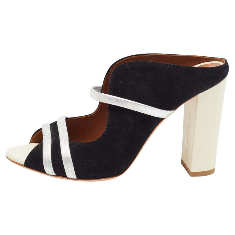 Malone Souliers Black/Silver Suede and Leather Maureen Block Heel Mules ...