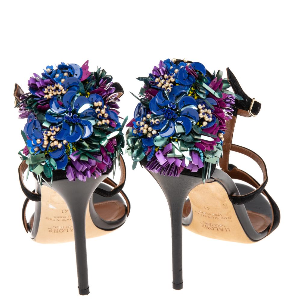 Malone Souliers Black Strappy Suede Floral Embellished Open Toe Sandals Size 41 In Excellent Condition In Dubai, Al Qouz 2