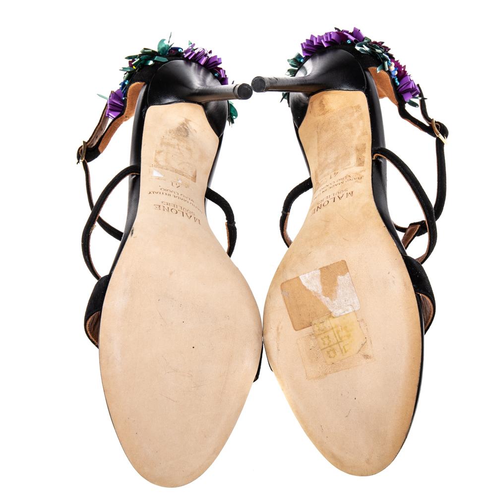 Women's Malone Souliers Black Strappy Suede Floral Embellished Open Toe Sandals Size 41