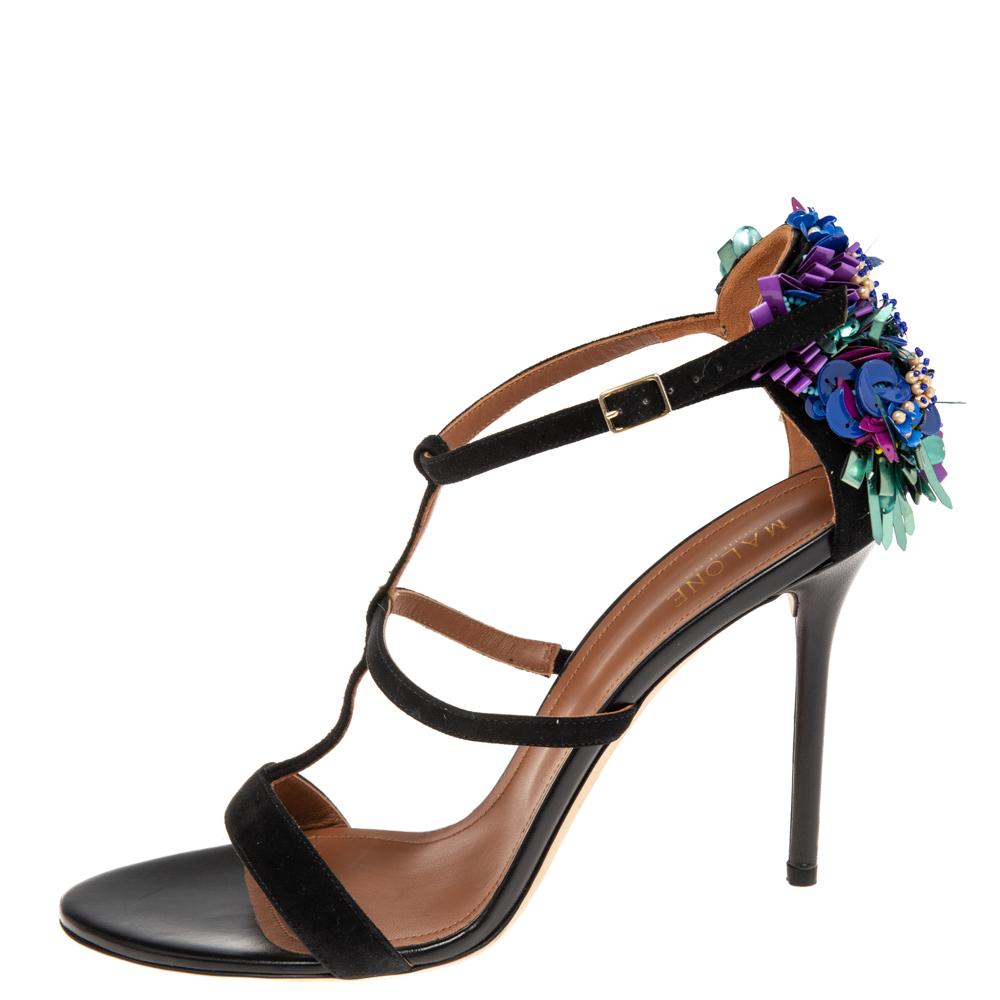 Malone Souliers Black Strappy Suede Floral Embellished Open Toe Sandals Size 41 1