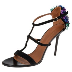 Malone Souliers Black Strappy Suede Floral Embellished Open Toe Sandals Size 41