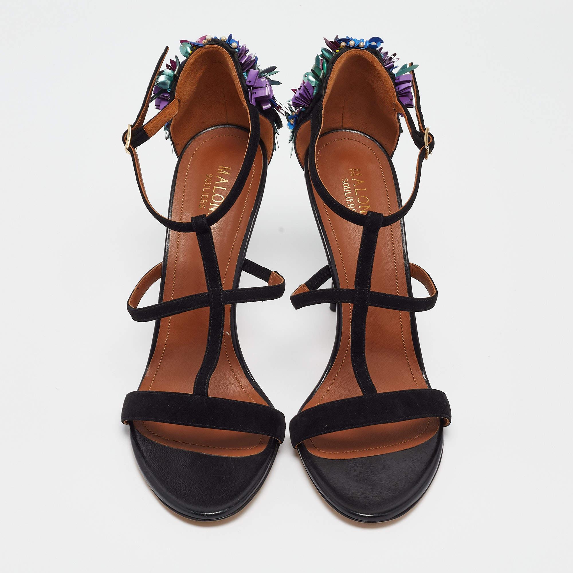 Noir Malone Souliers Sandales en daim noir avec ornements floraux Taille 41 en vente