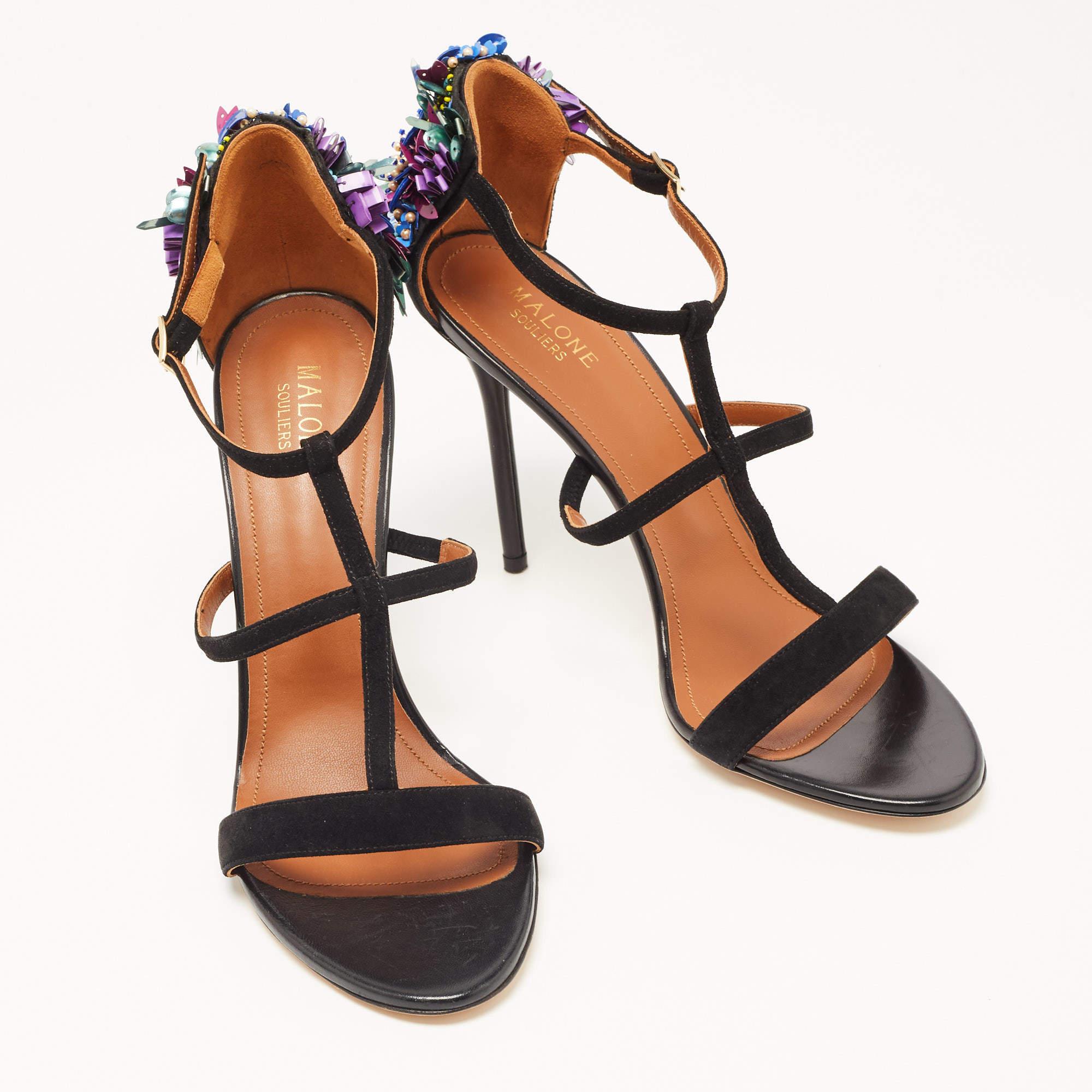 Malone Souliers Black Suede Floral Embellished Ankle Strap Sandals Size 41 In New Condition In Dubai, Al Qouz 2