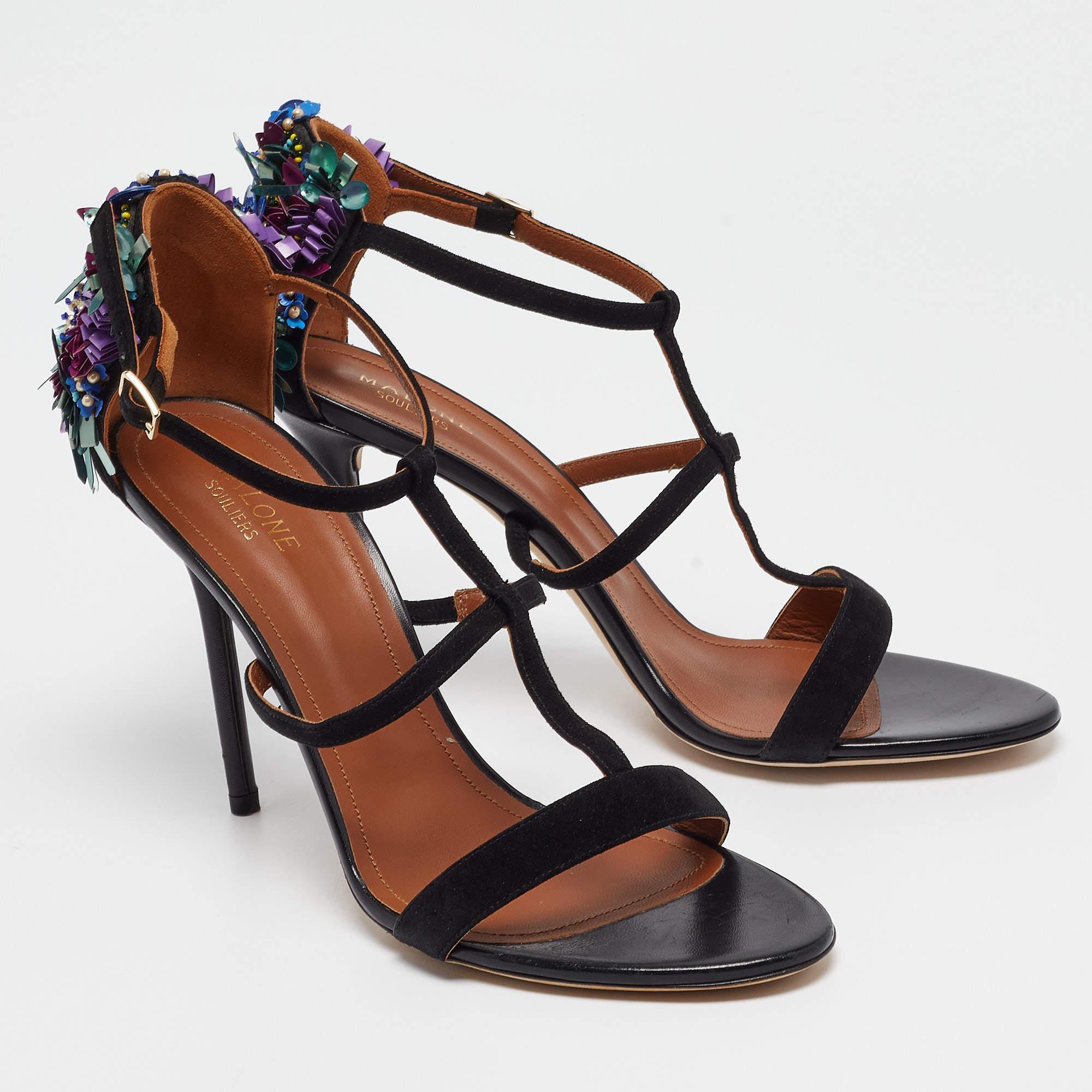 Malone Souliers Sandales en daim noir avec ornements floraux Taille 41 Excellent état - En vente à Dubai, Al Qouz 2
