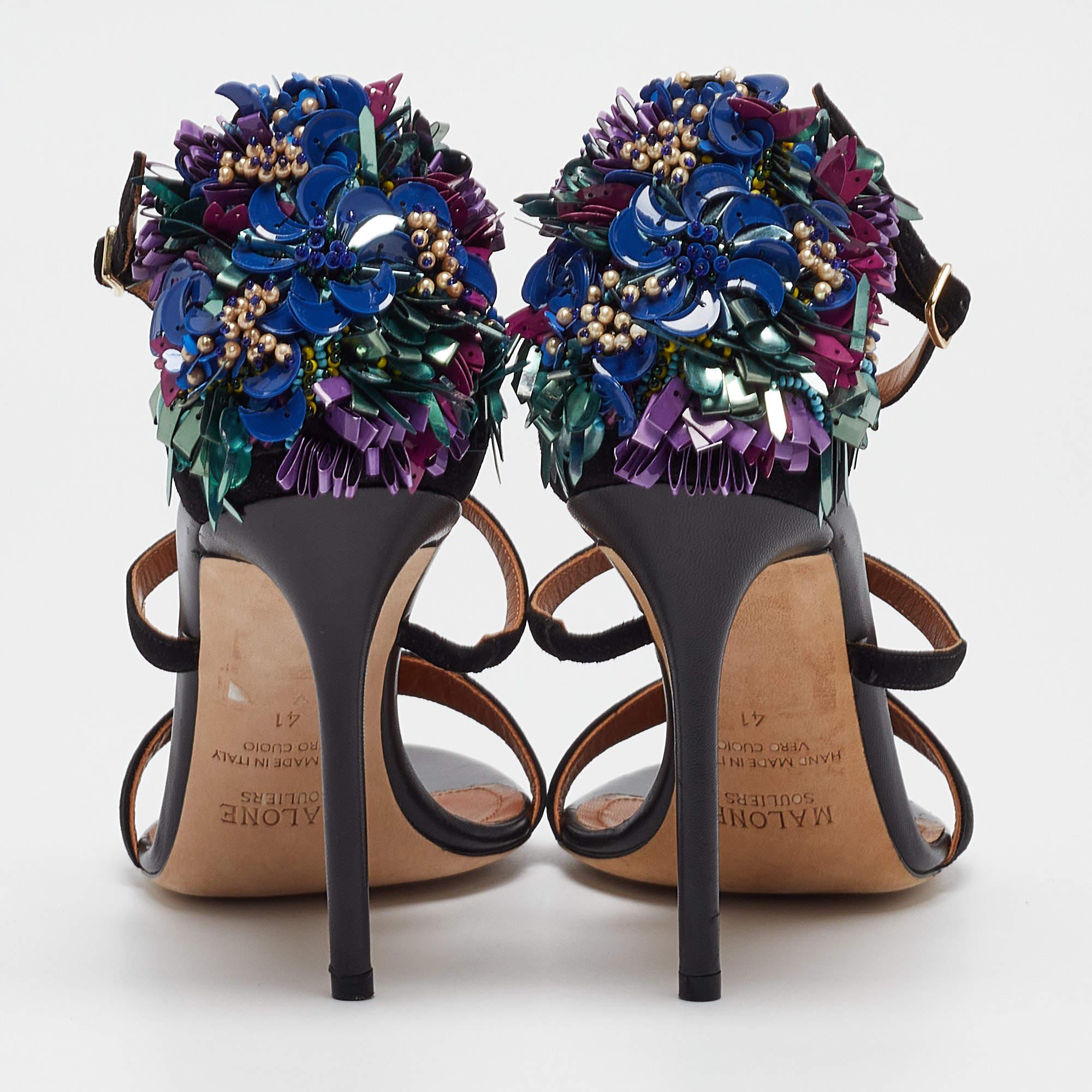 Malone Souliers Sandales en daim noir avec ornements floraux Taille 41 Pour femmes en vente
