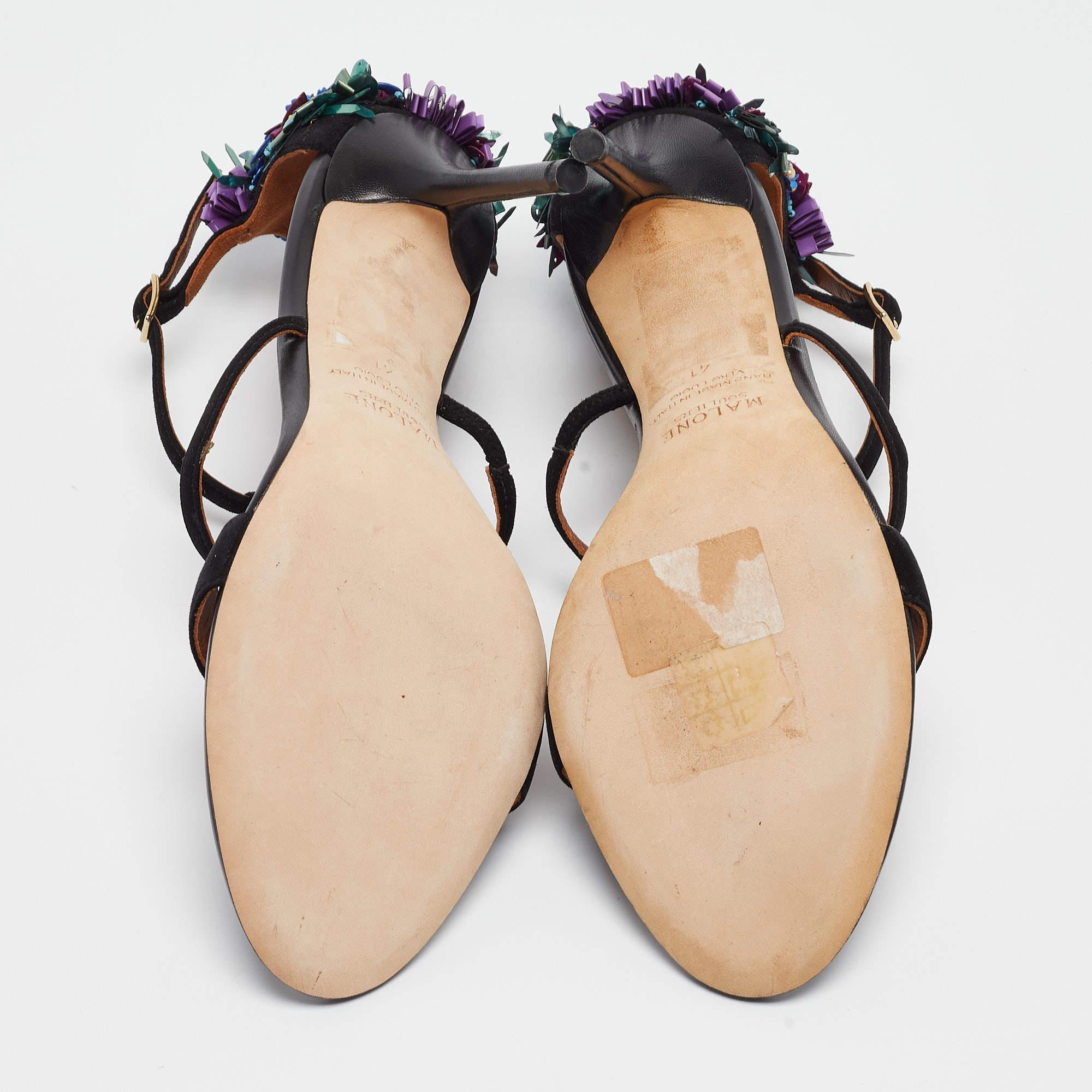 Malone Souliers Sandales en daim noir avec ornements floraux Taille 41 en vente 1