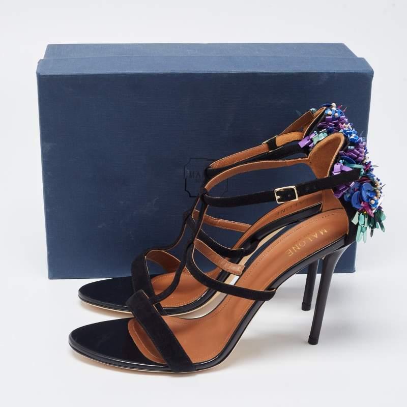 Malone Souliers Black Suede Floral Embellished Ankle Strap Sandals Size 41 5