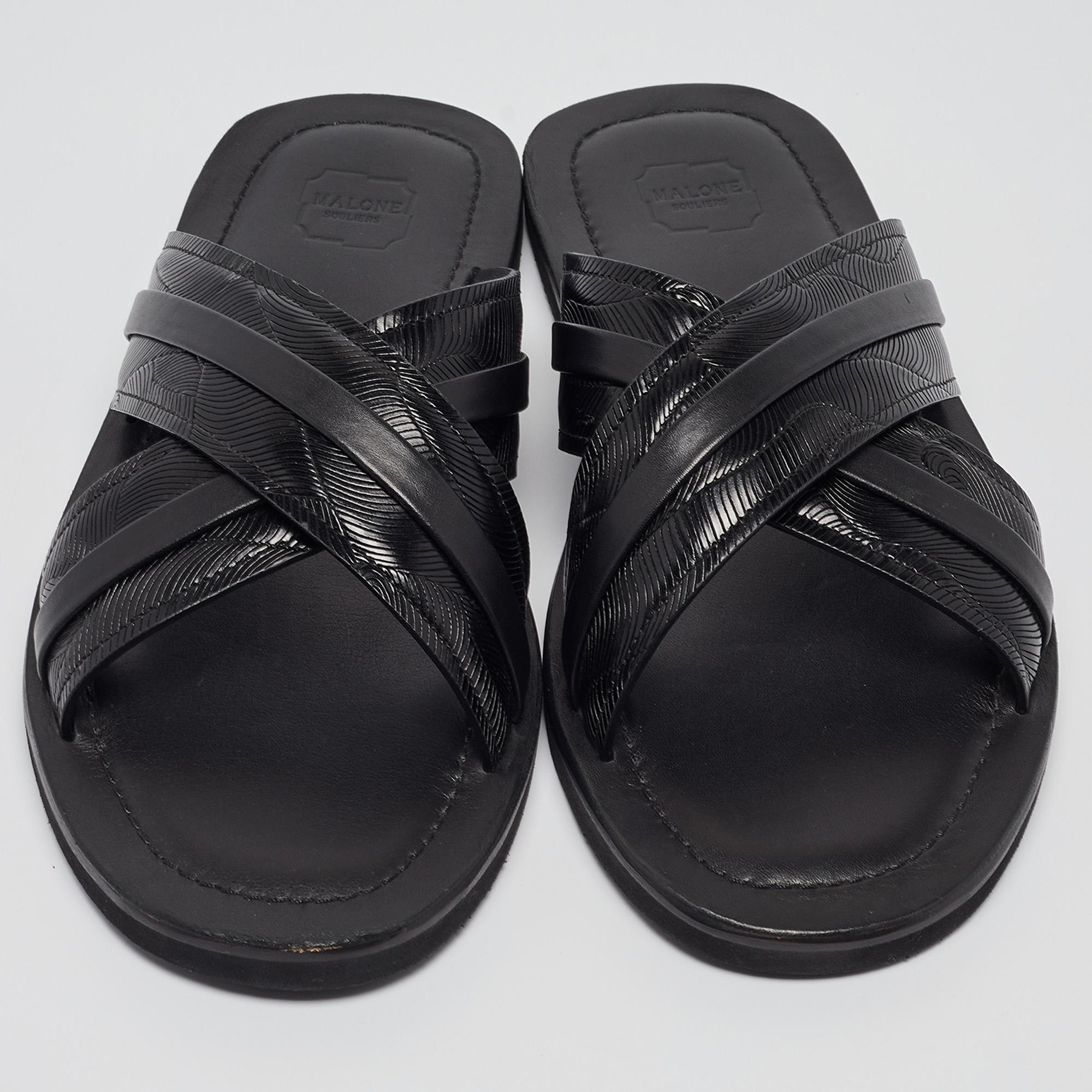 Malone Souliers Black Textured Leather Slides Size 43 For Sale 2