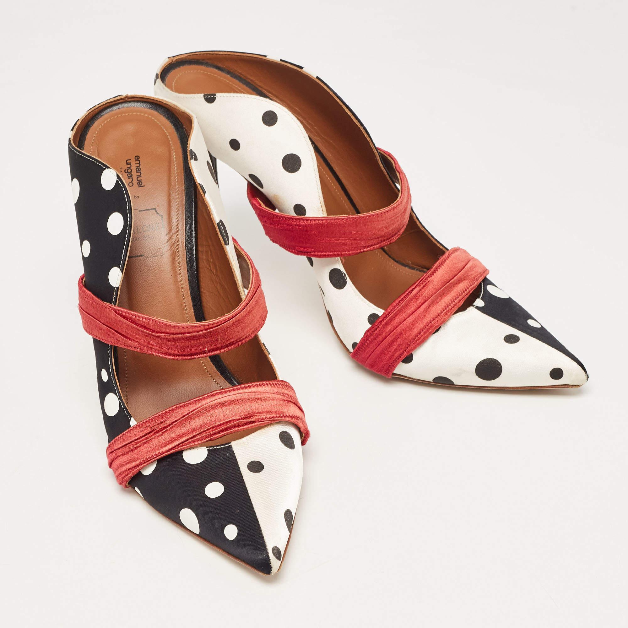 Malone Souliers Black/White Polka Dot Satin Maureen Mules Size 41 In Fair Condition In Dubai, Al Qouz 2