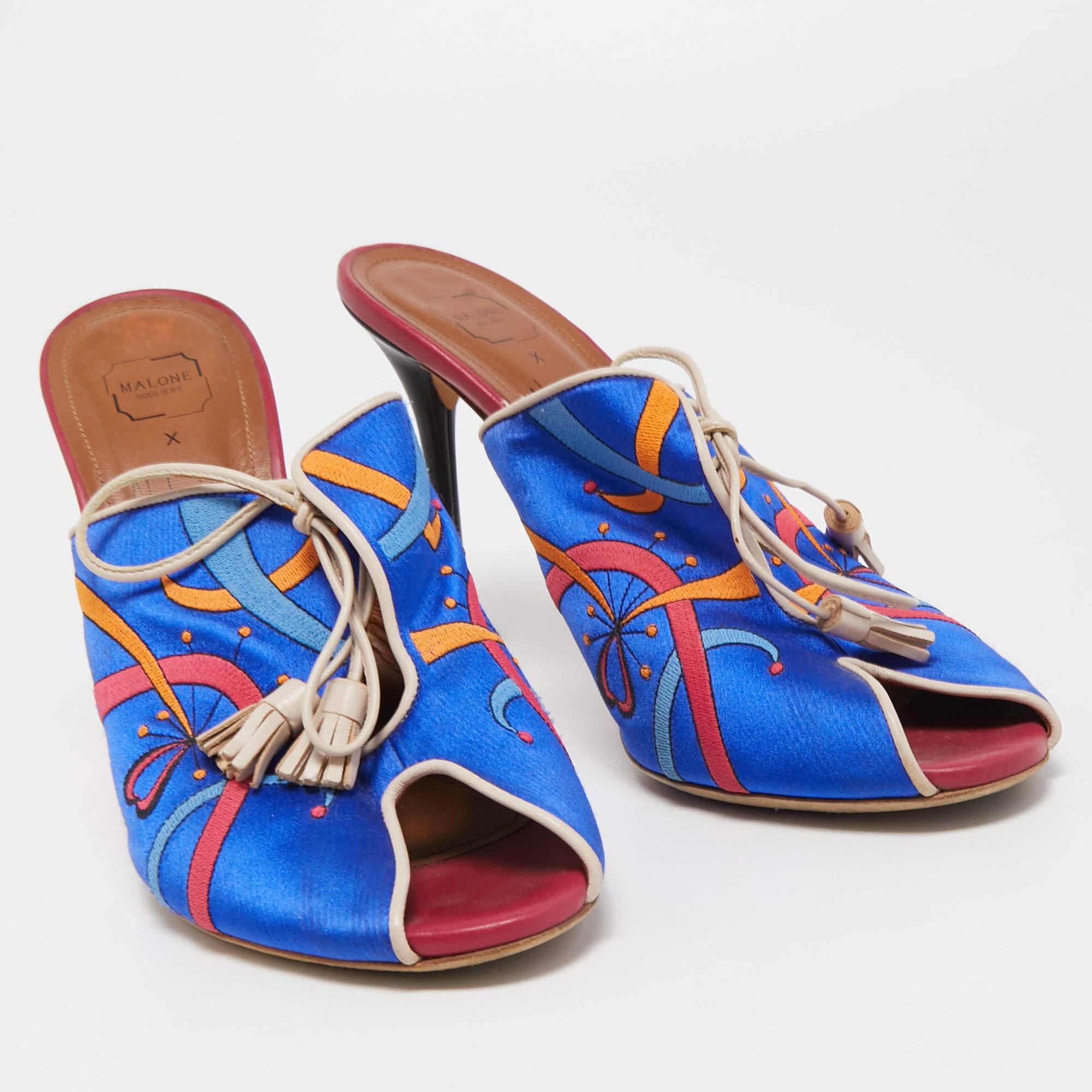 Women's Malone Souliers Blue Embroidered Satin Peep Toe Lace Up Mules Size 40 For Sale