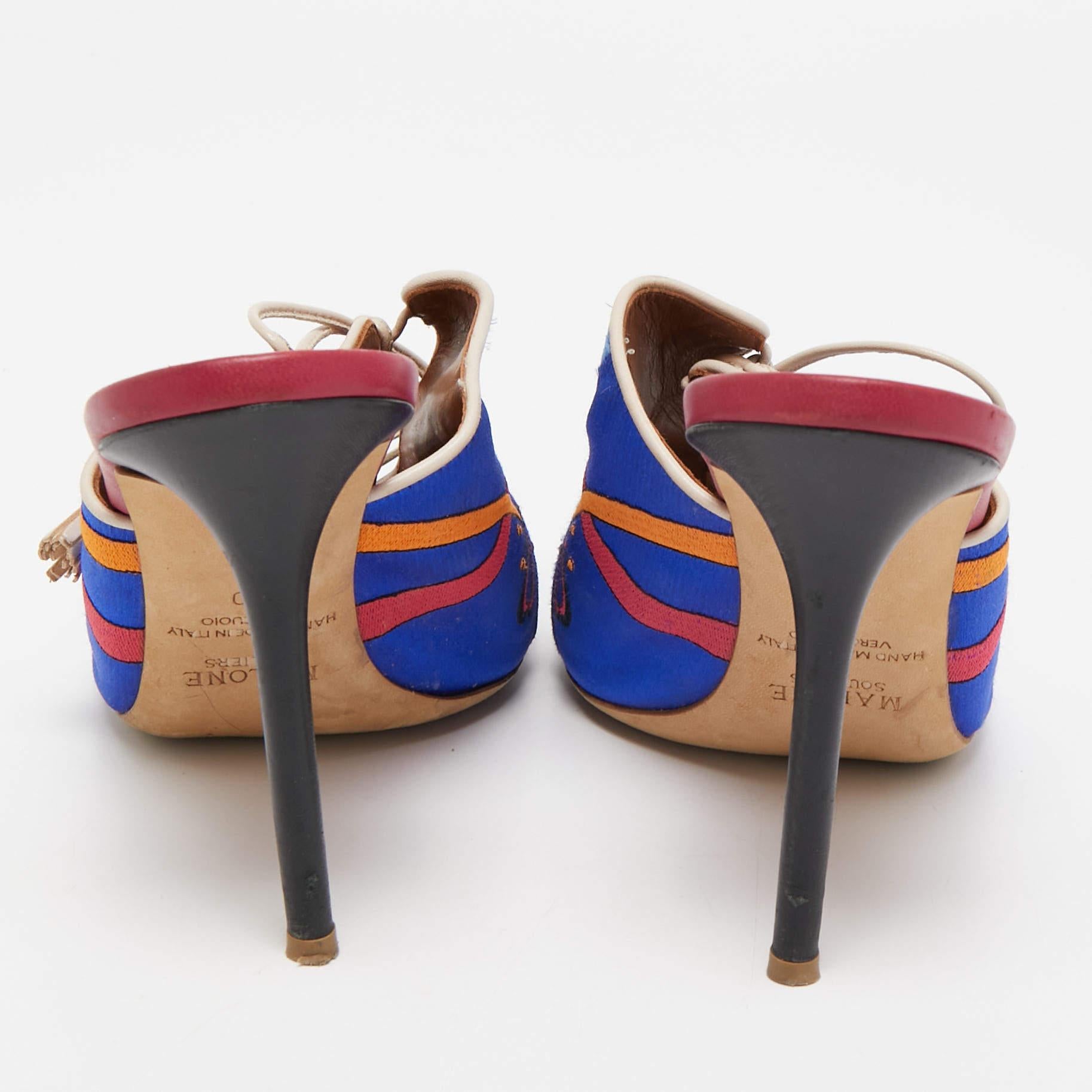 Malone Souliers Blue Embroidered Satin Peep Toe Lace Up Mules Size 40 For Sale 1