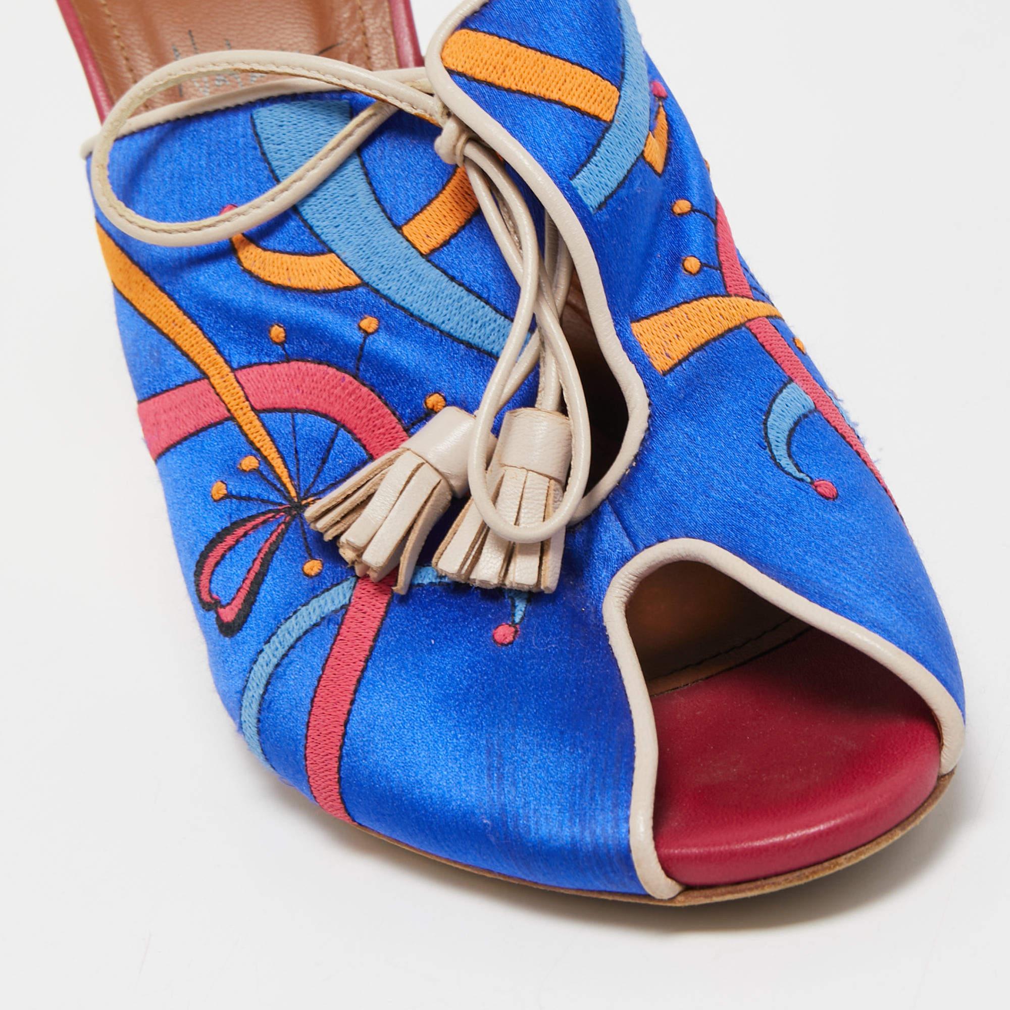 Malone Souliers Blue Embroidered Satin Peep Toe Lace Up Mules Size 40 For Sale 3