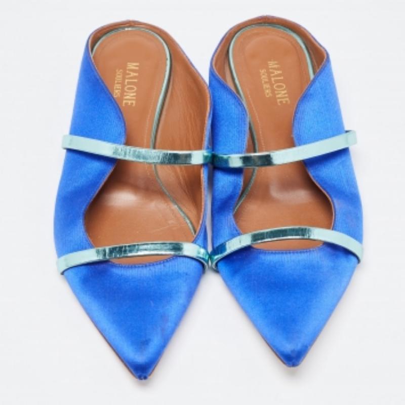 Malone Souliers Bailarinas Maureen de raso y cuero azul/metálico Talla 37 en venta 2
