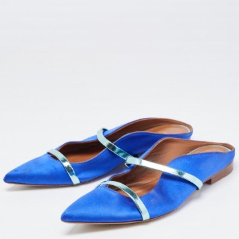 Malone Souliers Bailarinas Maureen de raso y cuero azul/metálico Talla 37 en venta 3