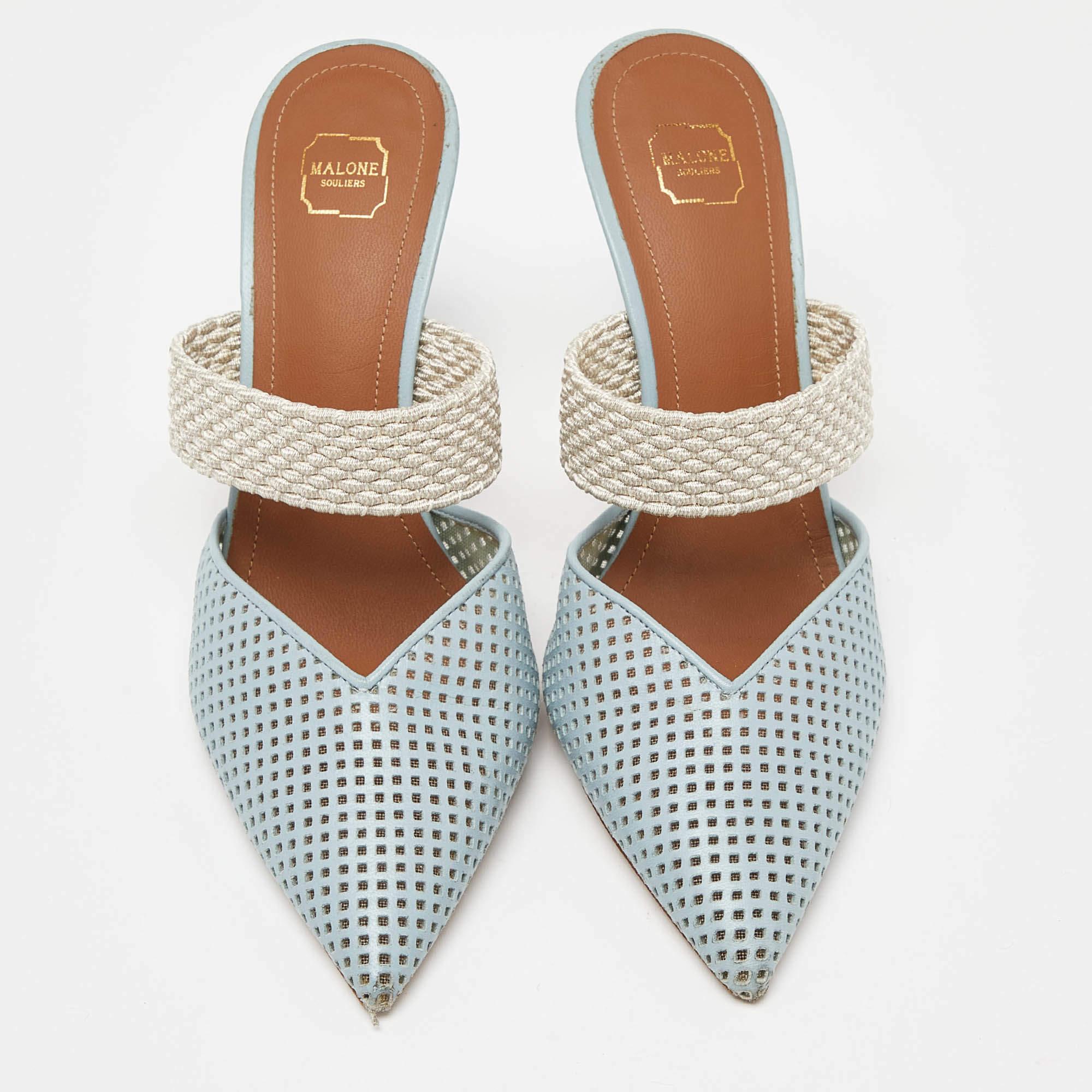Gray Malone Souliers Blue Perforated Leather Maisie Mules Size 37