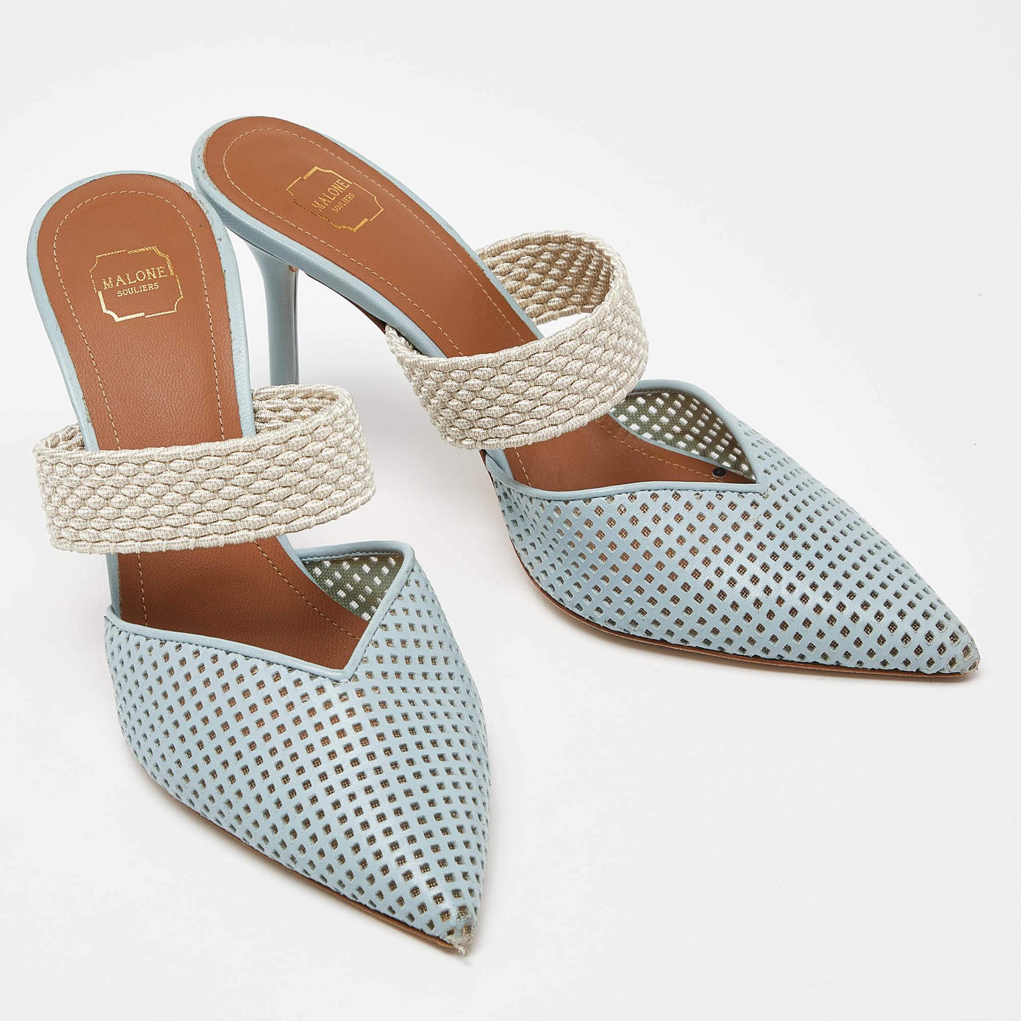 Malone Souliers Blue Perforated Leather Maisie Mules Size 37 In Good Condition In Dubai, Al Qouz 2