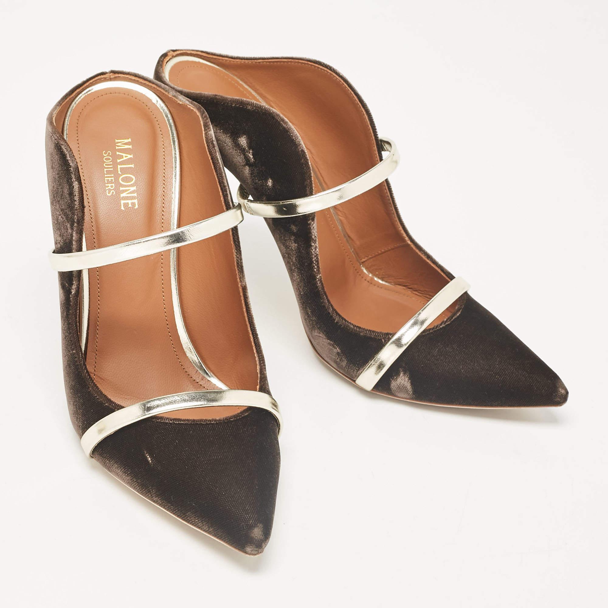 Malone Souliers Brown/Gold Velvet and Leather Maureen Mules Size 39 In Good Condition For Sale In Dubai, Al Qouz 2