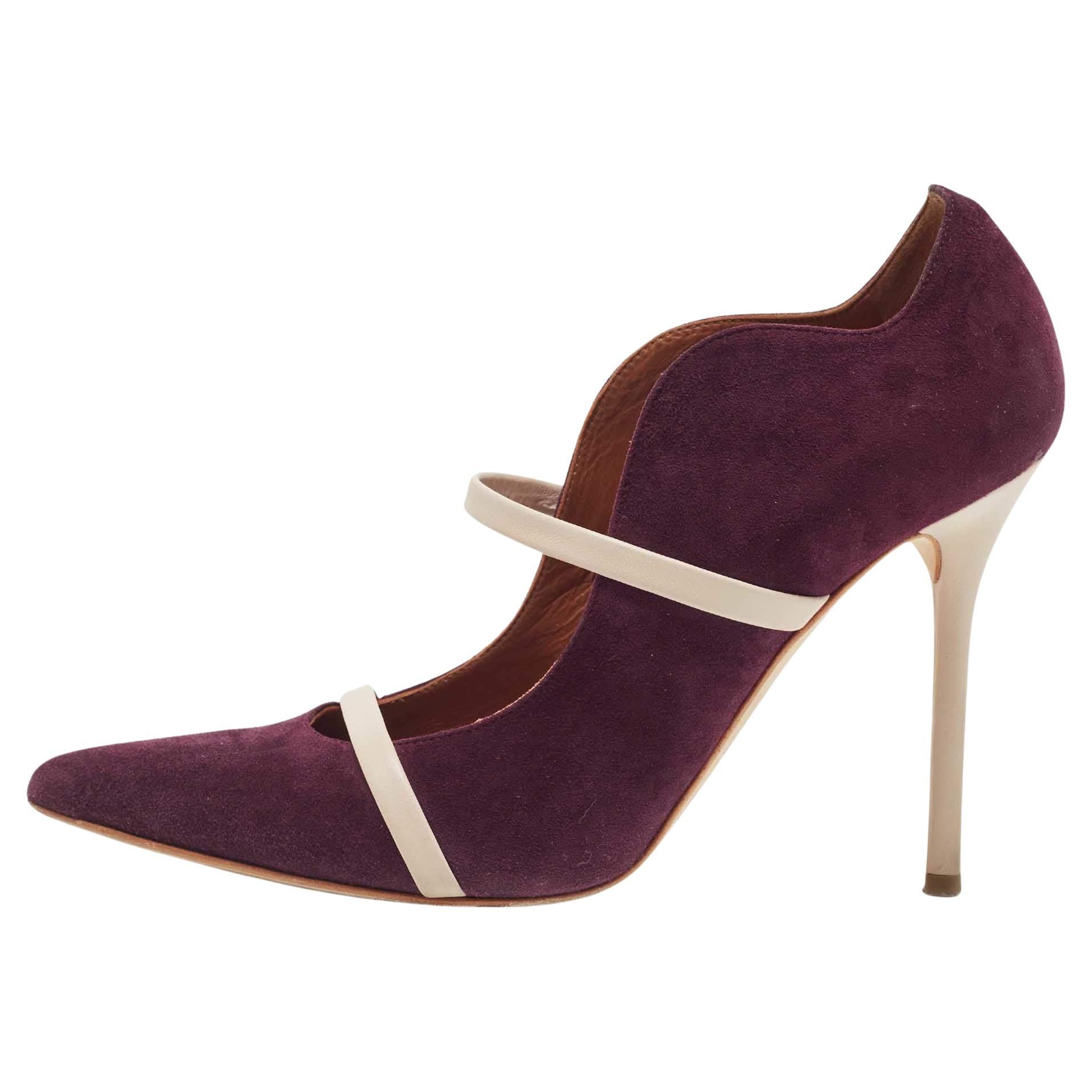 Malone Souliers Burgundy/Beige Suede and Leather Maureen Pumps Size 38 For Sale