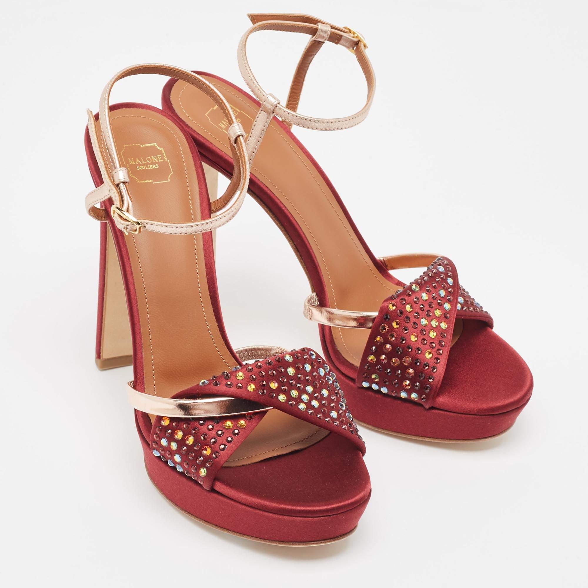 Malone Souliers Burgundy/Gold Satin and Leather Embellished Platform Sandals Siz In Excellent Condition For Sale In Dubai, Al Qouz 2
