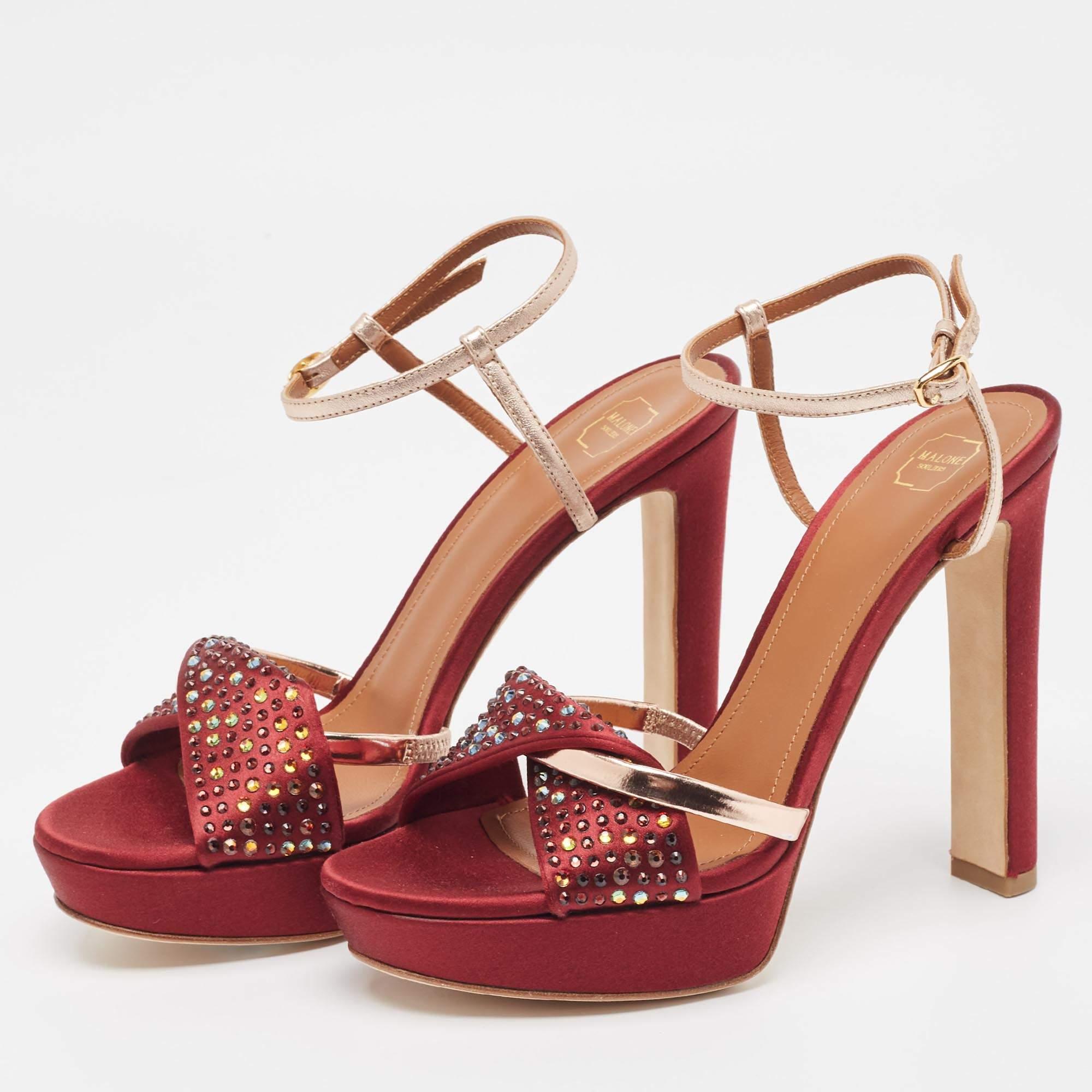 Women's Malone Souliers Burgundy/Gold Satin and Leather Embellished Platform Sandals Siz For Sale