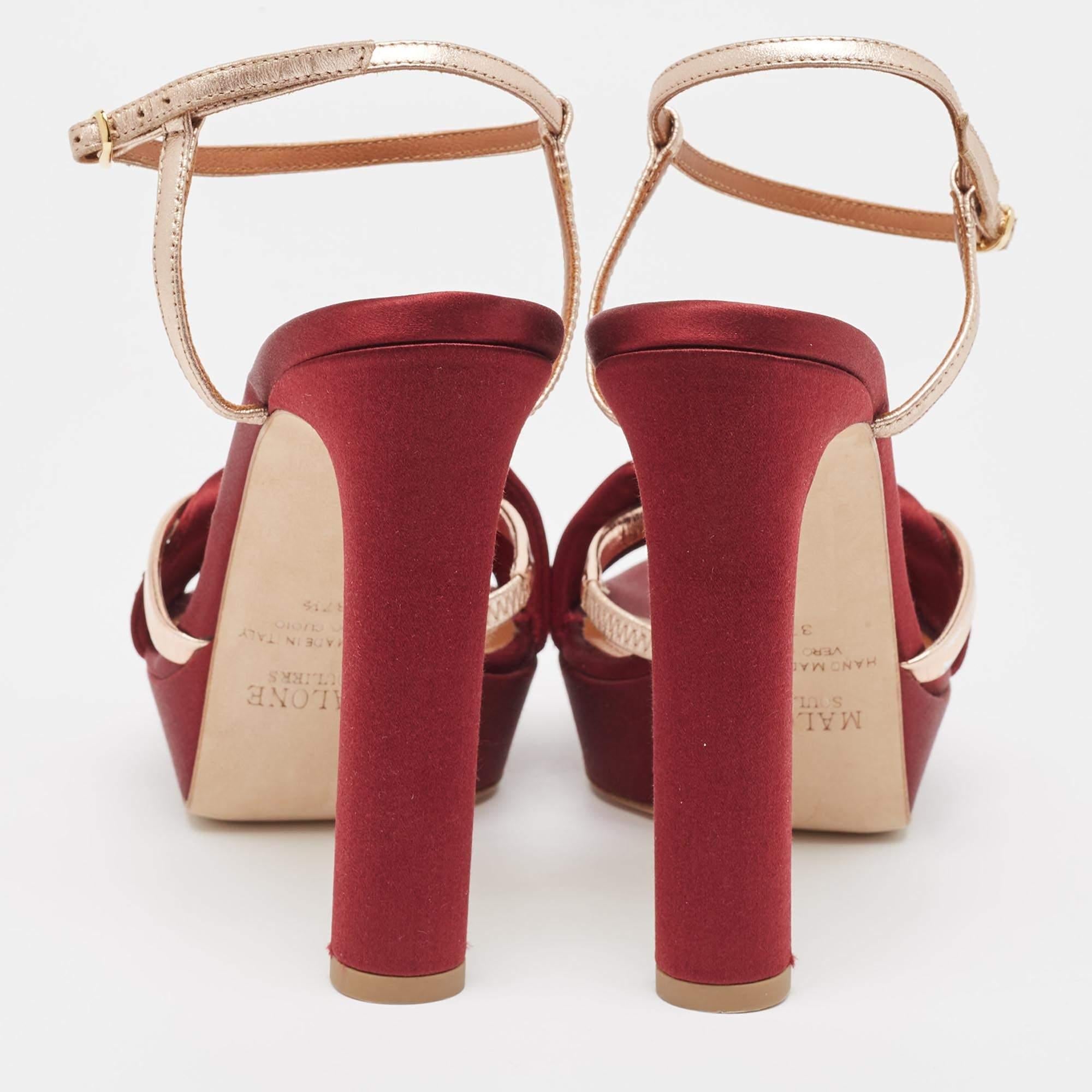 Malone Souliers Burgundy/Gold Satin and Leather Embellished Platform Sandals Siz For Sale 1