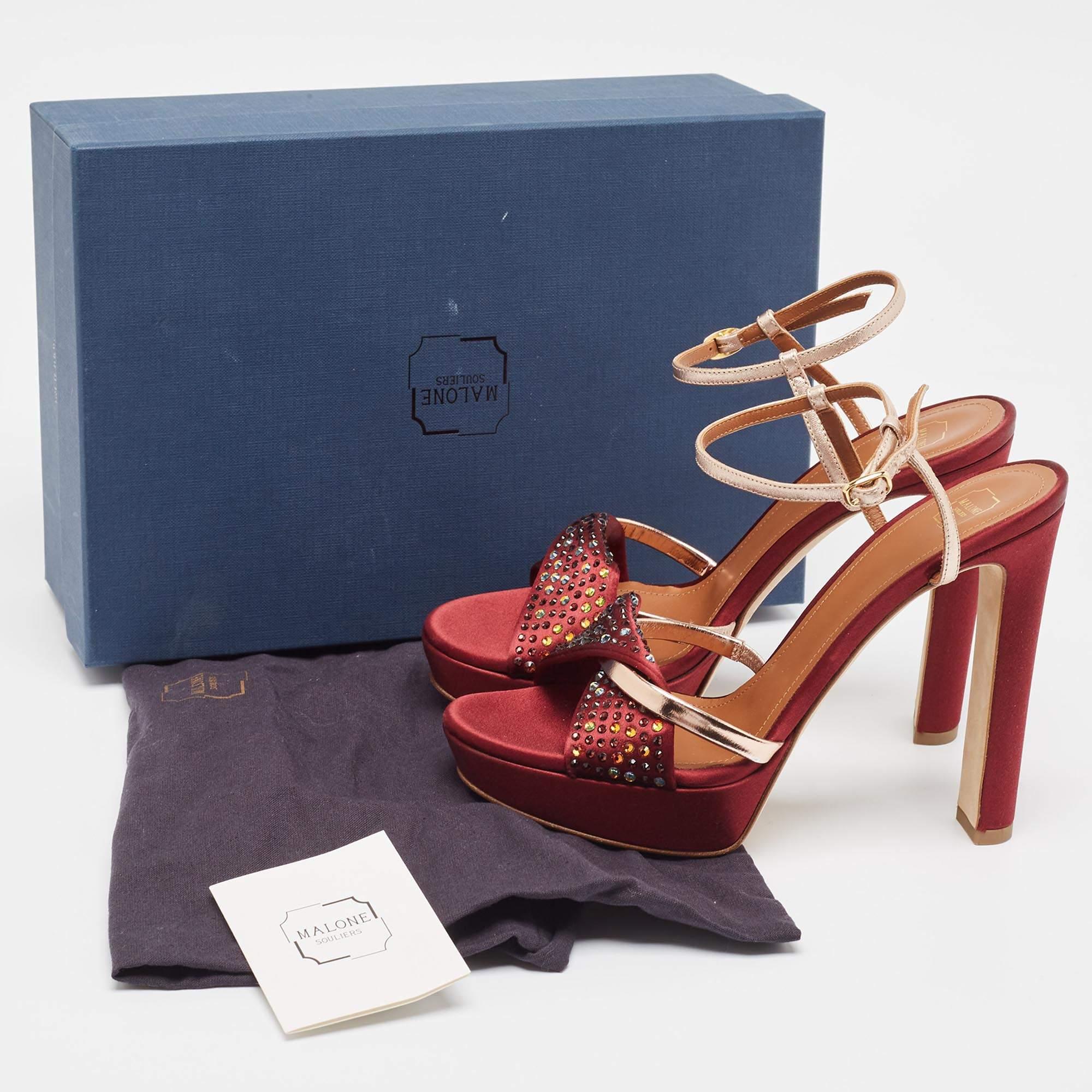 Malone Souliers Burgundy/Gold Satin and Leather Embellished Platform Sandals Siz For Sale 3