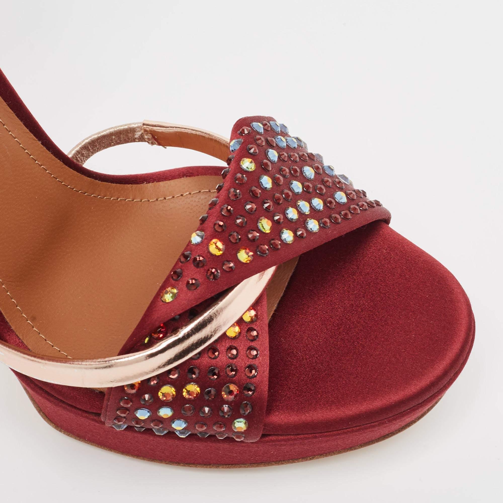 Malone Souliers Burgundy/Gold Satin and Leather Embellished Platform Sandals Siz For Sale 4