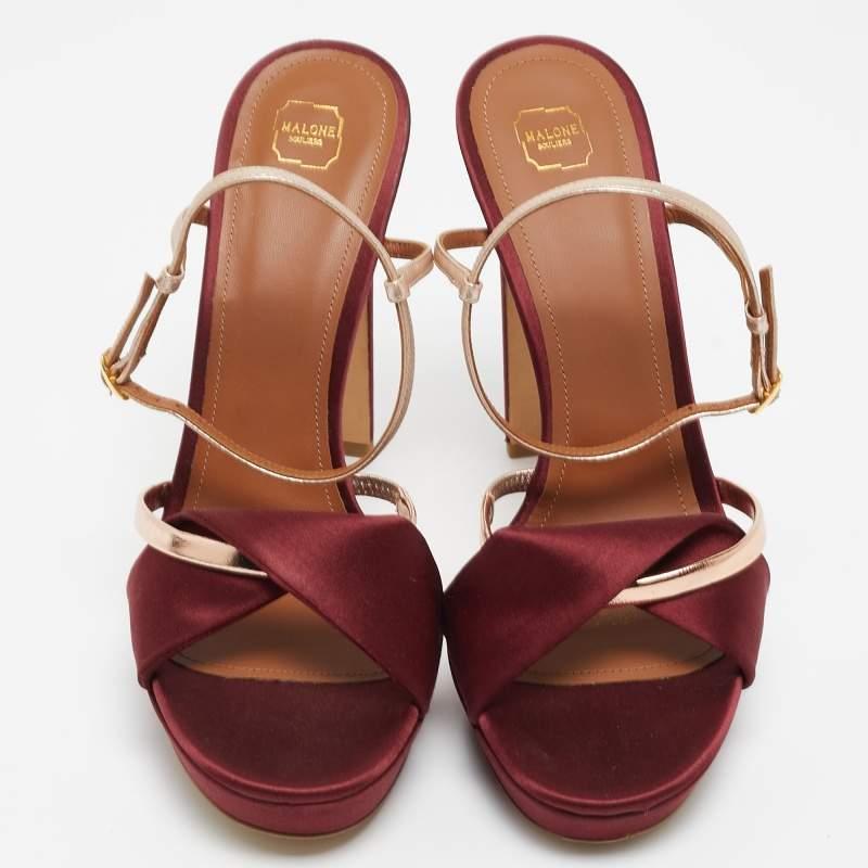 Women's Malone Souliers Burgundy/Gold Satin Miranda Ankle Strap Sandals Size 41 For Sale