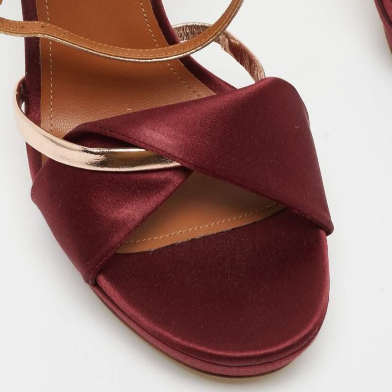 Malone Souliers Burgundy/Gold Satin Miranda Ankle Strap Sandals Size 41 For Sale 1