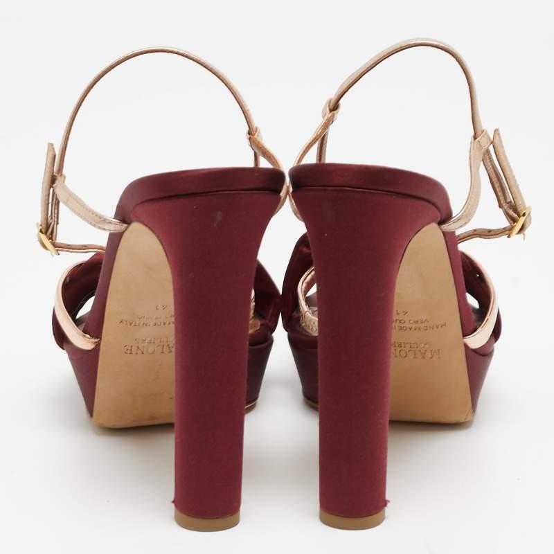 Malone Souliers Burgundy/Gold Satin Miranda Ankle Strap Sandals Size 41 For Sale 2