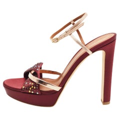 Malone Souliers Burgundy Satin And Leather Ankle Strap Sandals Size 39.5