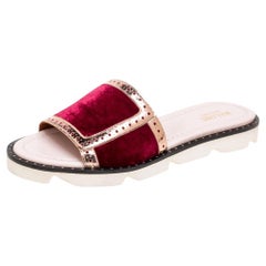Malone Souliers Burgundy Velvet And Foil Leather Flat Slides Size 36.5