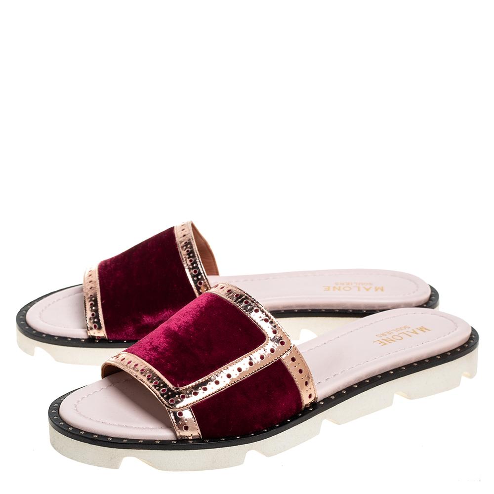 Women's Malone Souliers Burgundy Velvet And Leather Slide Sandals Size 36.5
