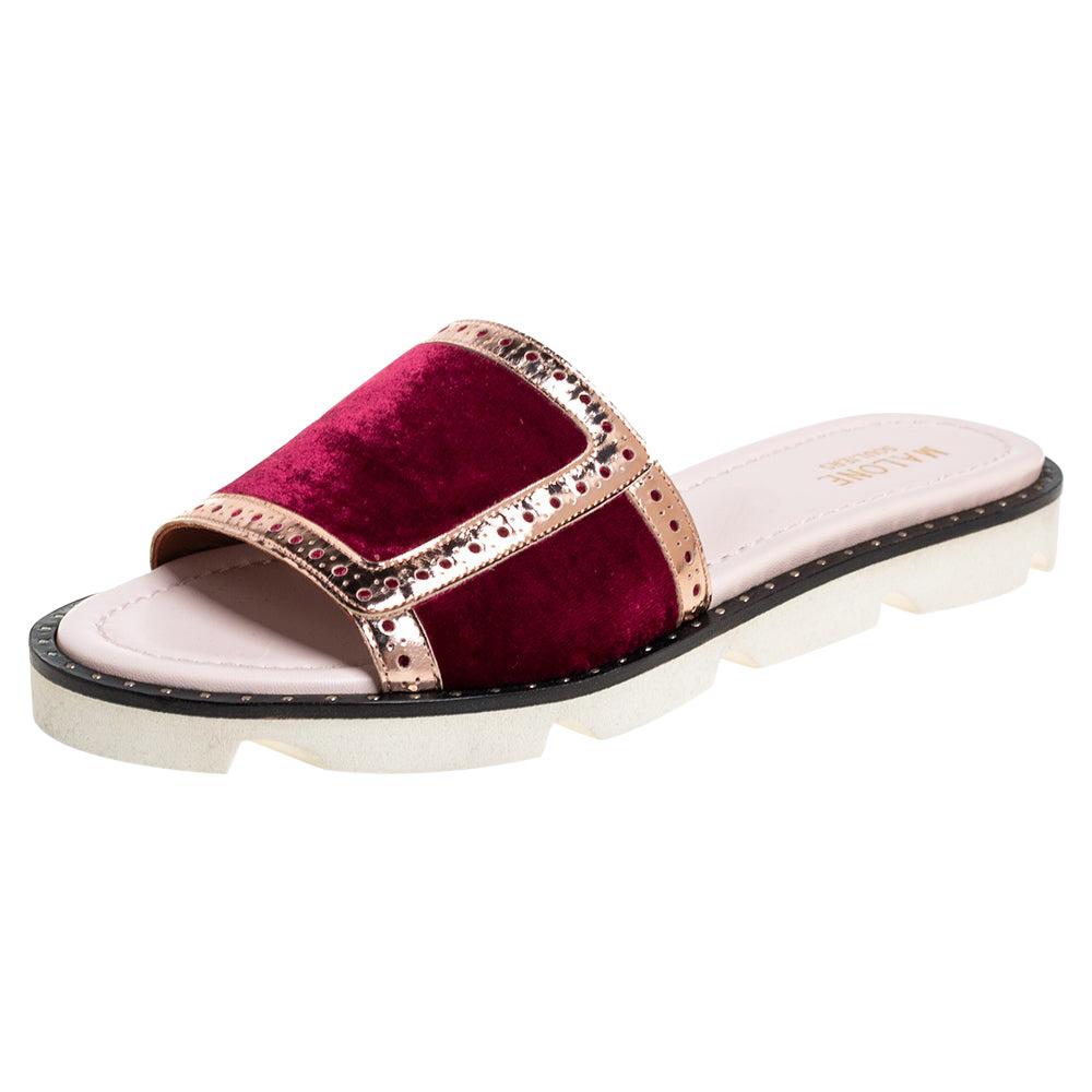 Malone Souliers Burgundy Velvet And Leather Slide Sandals Size 36.5