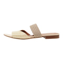 Malone Souliers Cream Woven Raffia Rodena Flat Slides Size 37