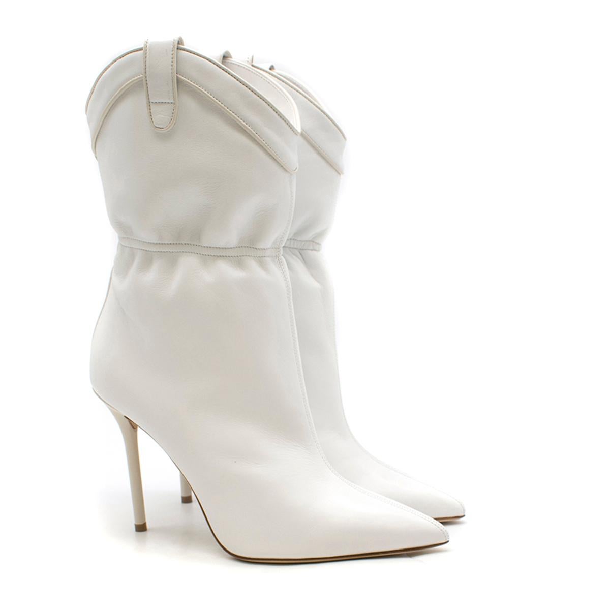 Malone Souliers Daisy 100 white leather ankle boots

- White, smooth leather 
- Point toe, leather-covered high stiletto heel 
- Seamed front feature 
- Western-style side panels, leather pull tabs 
- Elasticated ankle trim 
- Nude leather lining