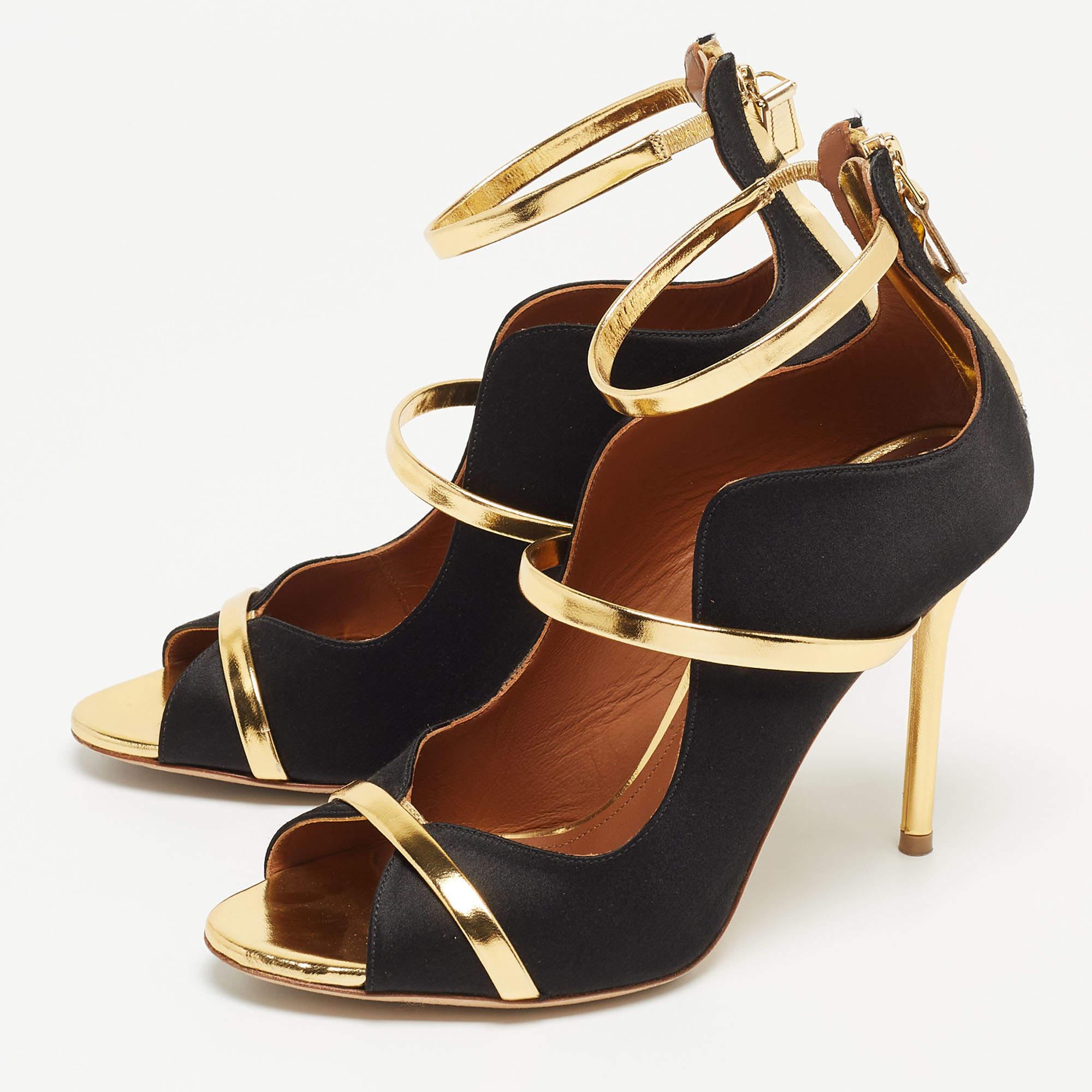 Malone Souliers Gold/Black Satin and Leather Mika Triple Band Sandals For Sale 3