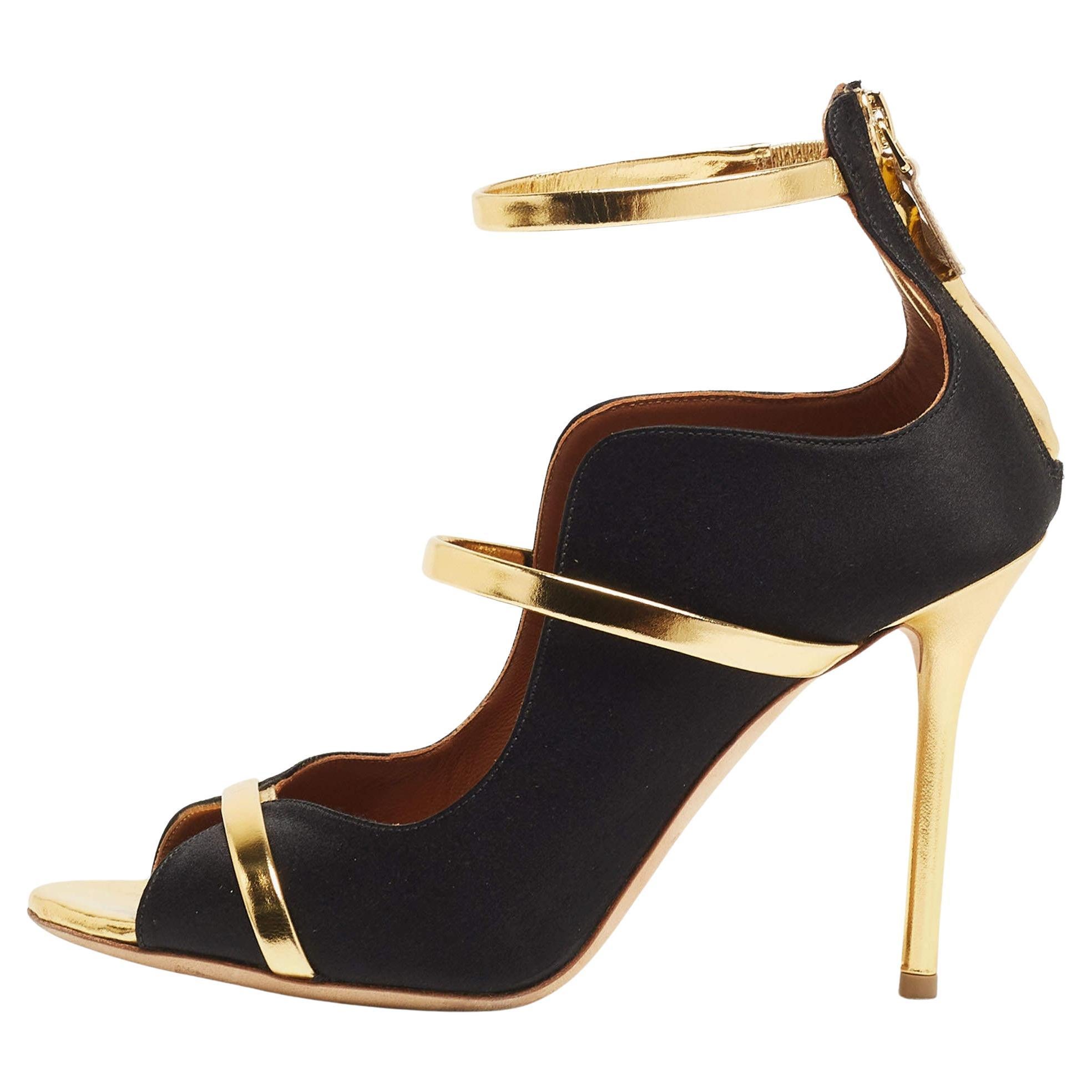 Malone Souliers Gold/Black Satin and Leather Mika Triple Band Sandals For Sale