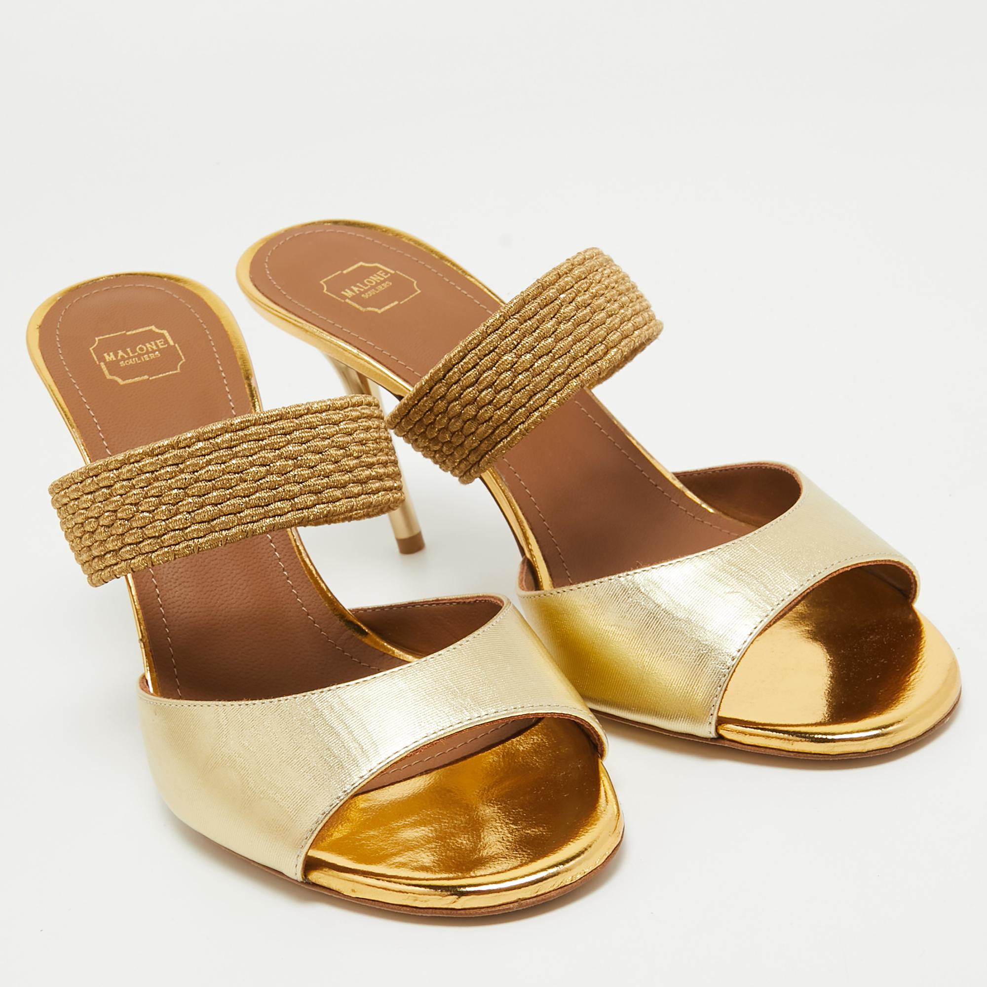 Malone Souliers Gold Leather and Woven Lurex Milena Slides Size 39 For Sale 3