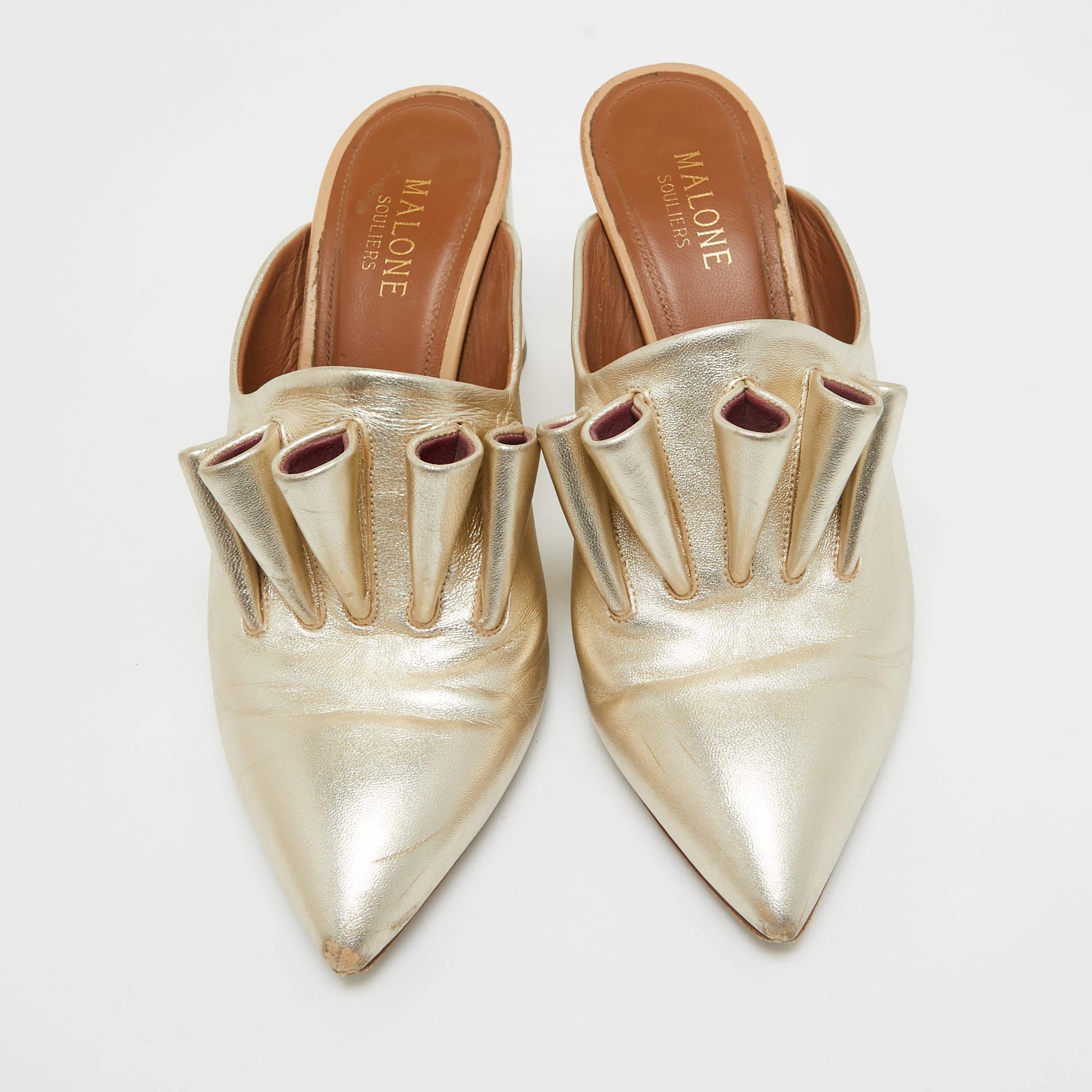 Malone Souliers Mules de cuero dorado con tacón en bloque Talla 37.5 Oro en venta