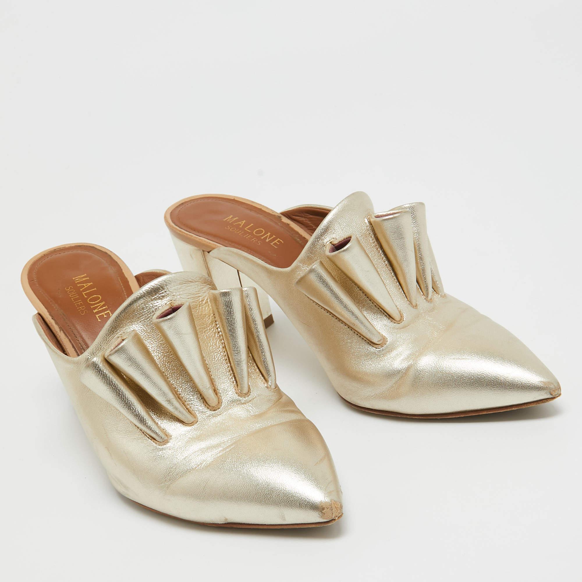 De las mujeres Malone Souliers Mules de cuero dorado con tacón en bloque Talla 37.5 en venta