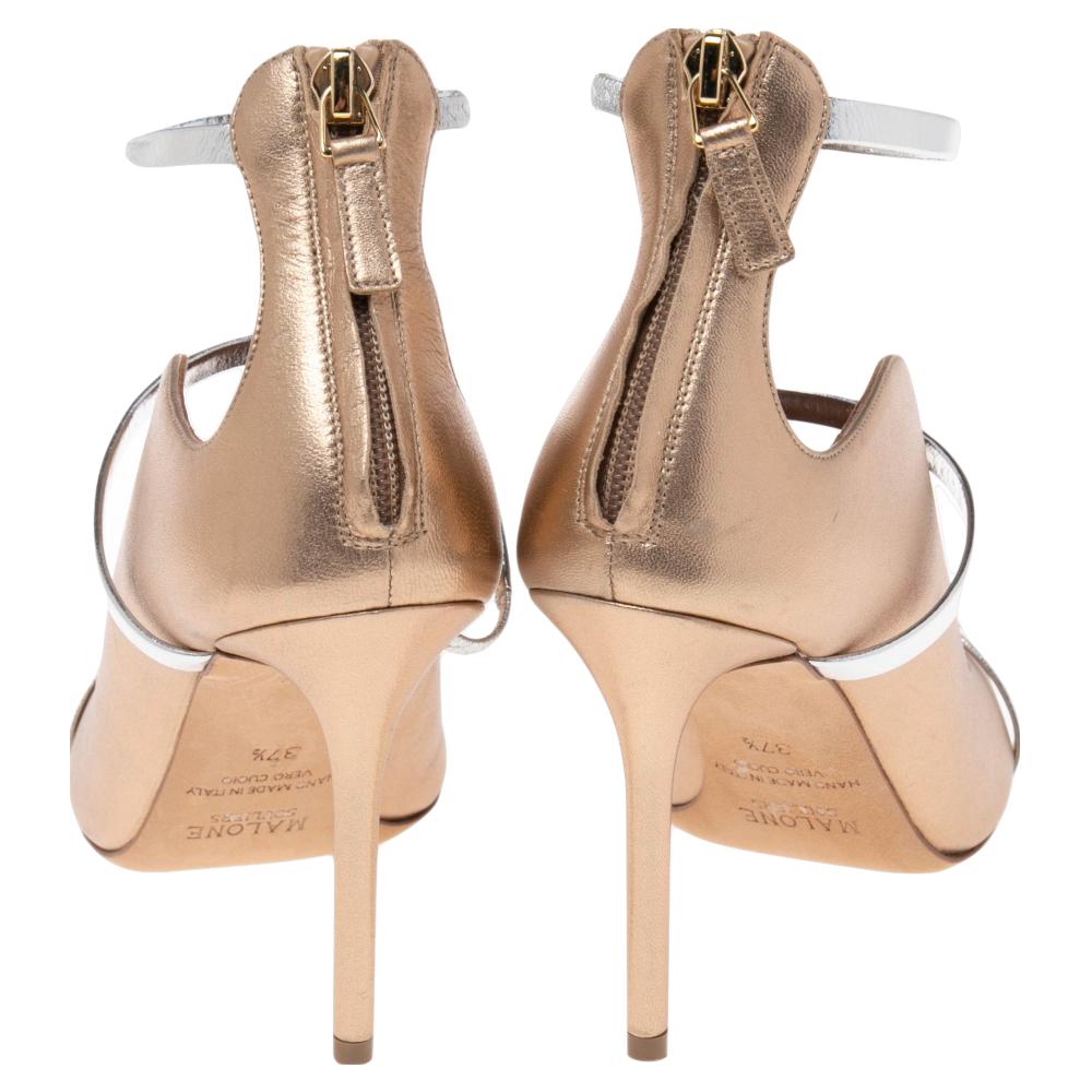 Brown Malone Souliers Gold Leather Mika Triple Band Peep Toe Sandals Size 37.5