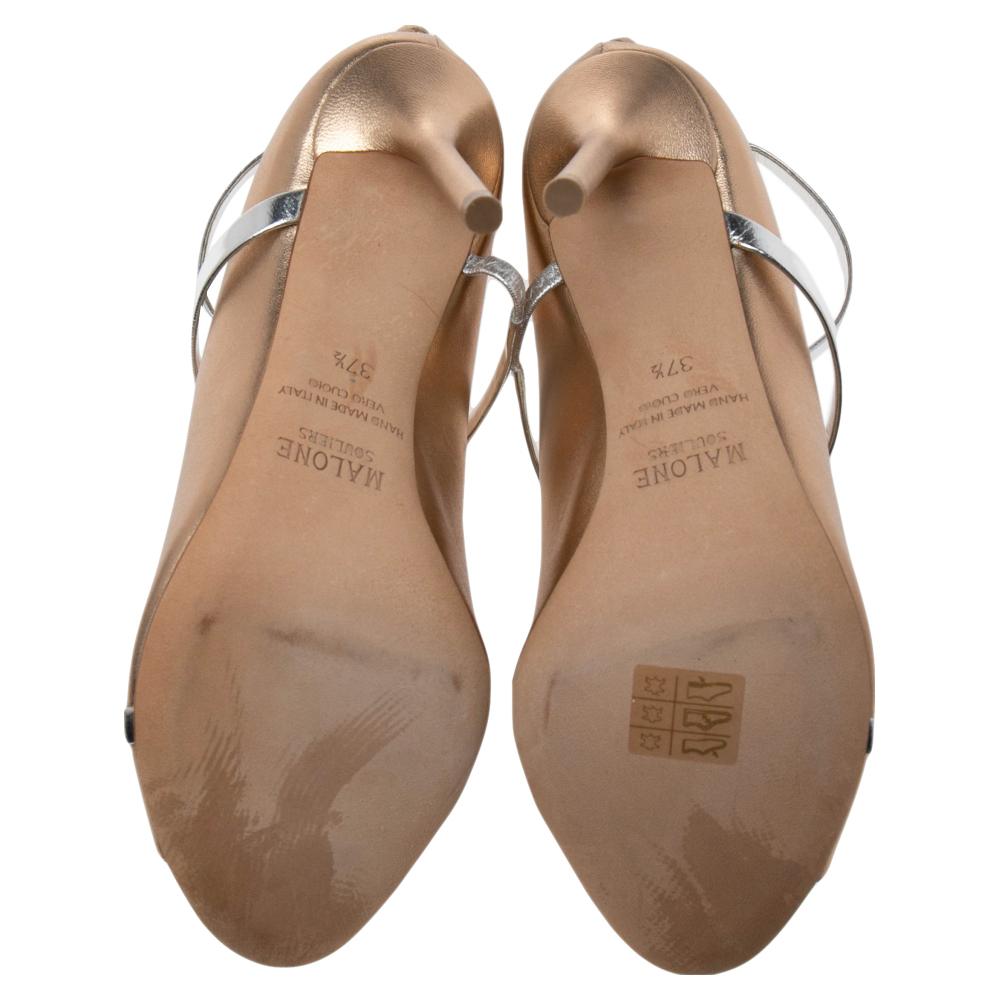 Malone Souliers Gold Leather Mika Triple Band Peep Toe Sandals Size 37.5 In Excellent Condition In Dubai, Al Qouz 2