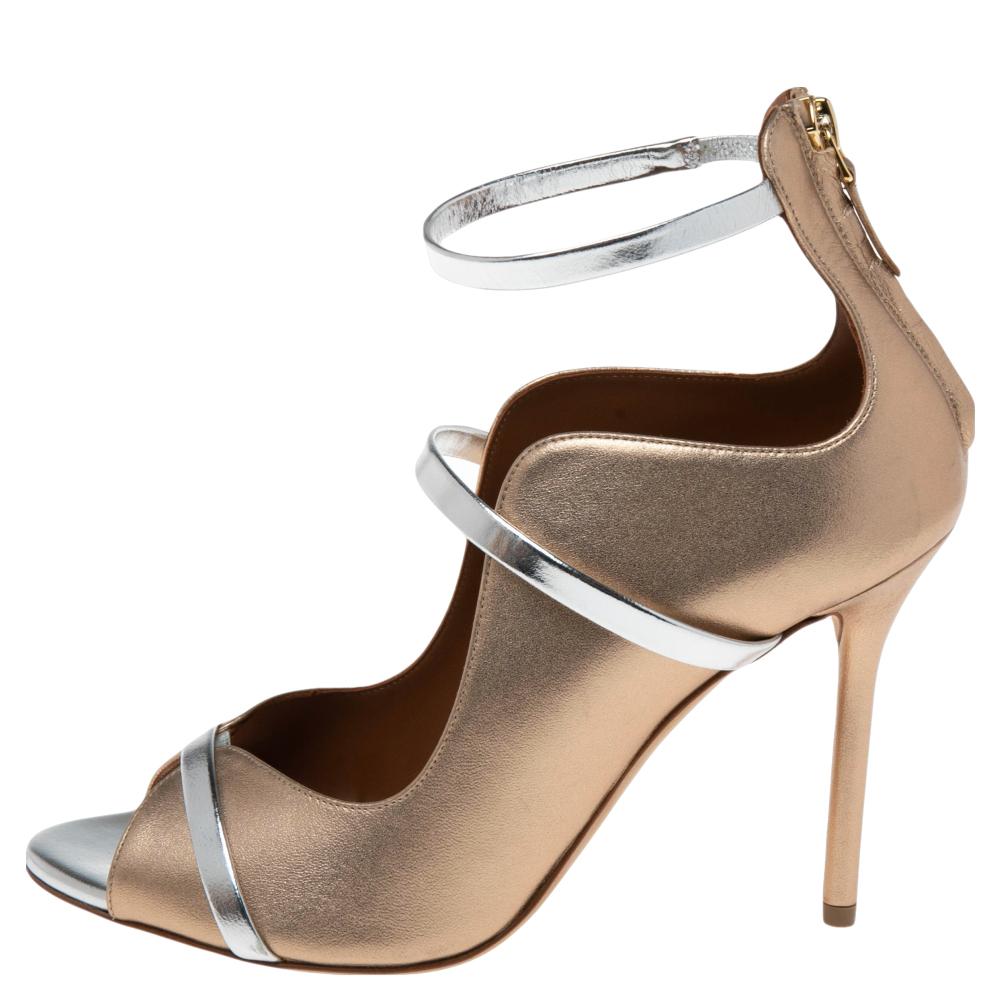 Women's Malone Souliers Gold Leather Mika Triple Band Peep Toe Sandals Size 37.5