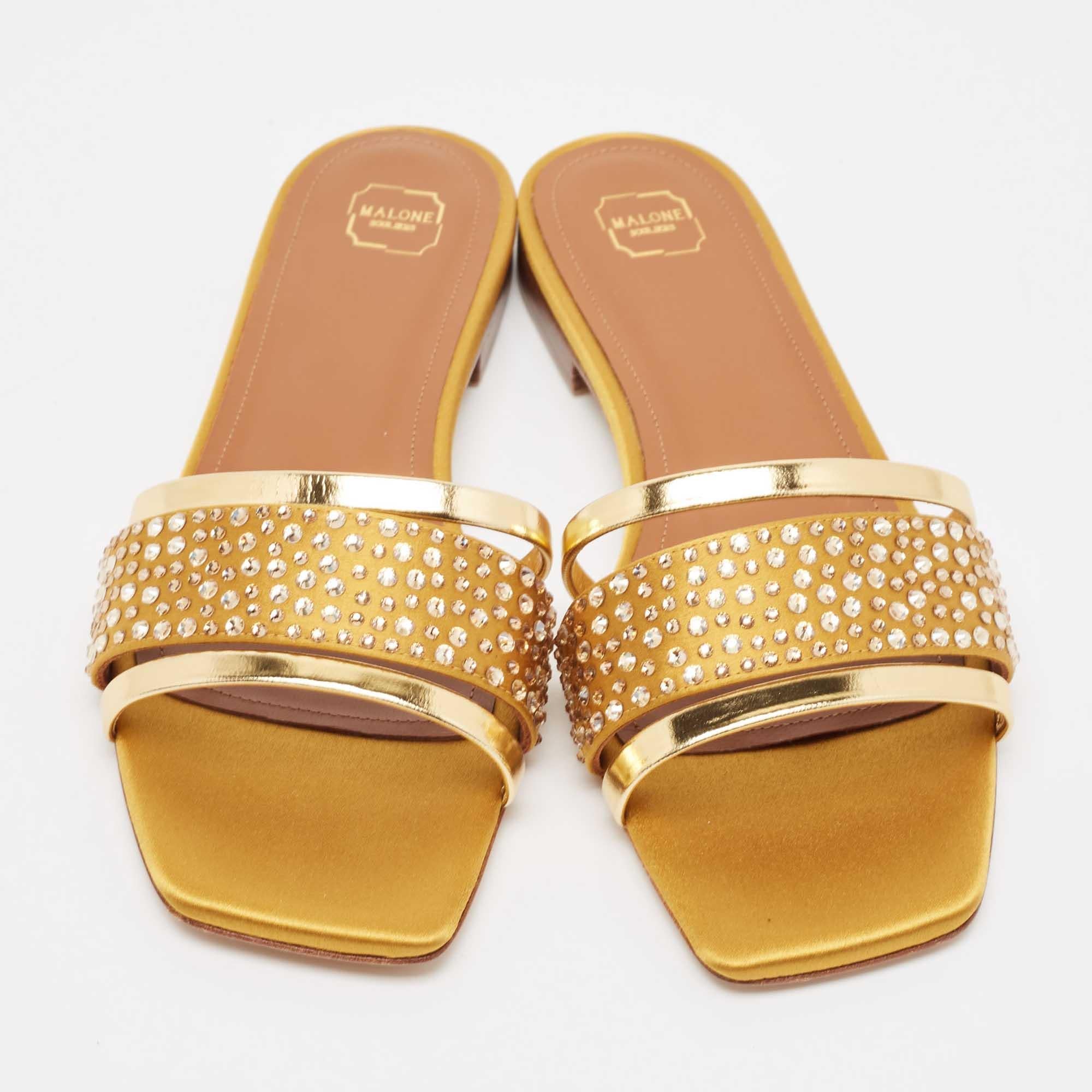 Brown Malone Souliers Gold Leather Satin Rosa Flat Sandals Size 36.5 For Sale