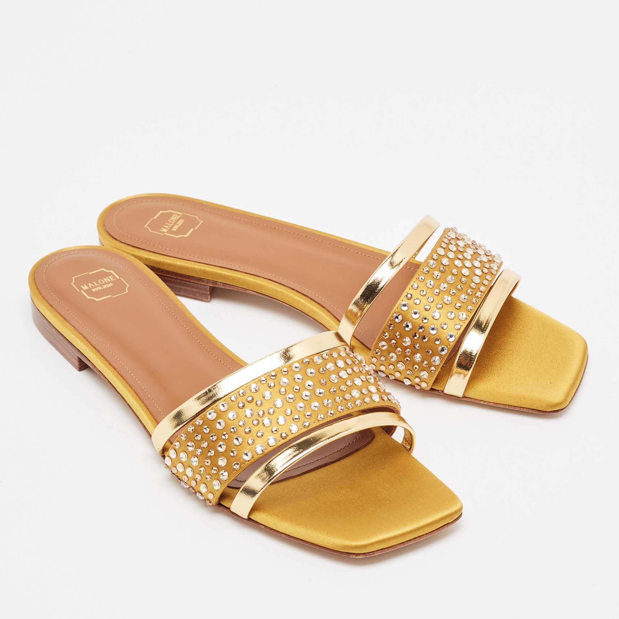 Malone Souliers Gold Leather Satin Rosa Flat Sandals Size 36.5 In New Condition For Sale In Dubai, Al Qouz 2